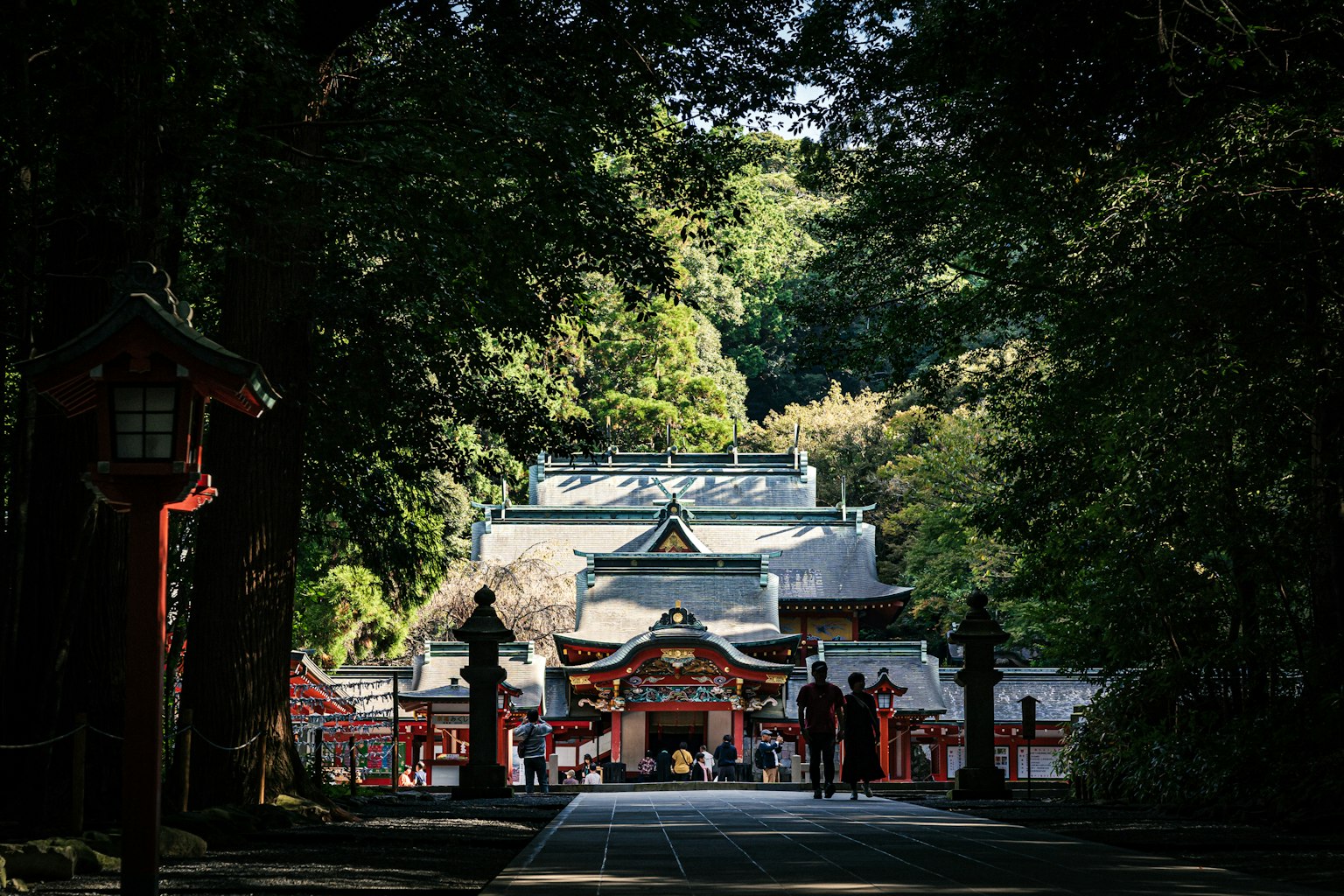 被树木环绕的神社主入口和步道