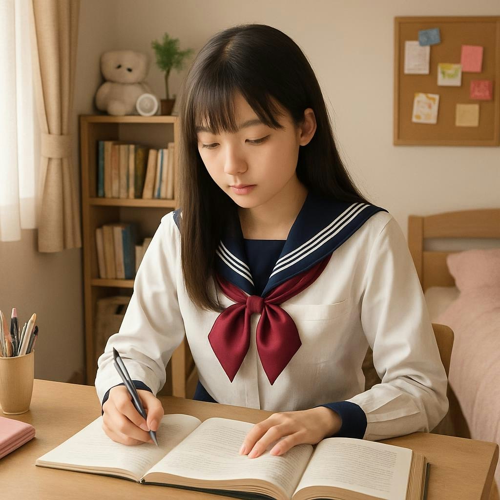 自室で勉強する制服姿の学生がノートに書き込む様子
