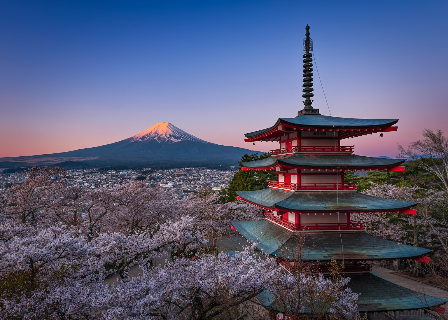 Vue d'une pagode avec des cerisiers et le mont Fuji en arrière-plan