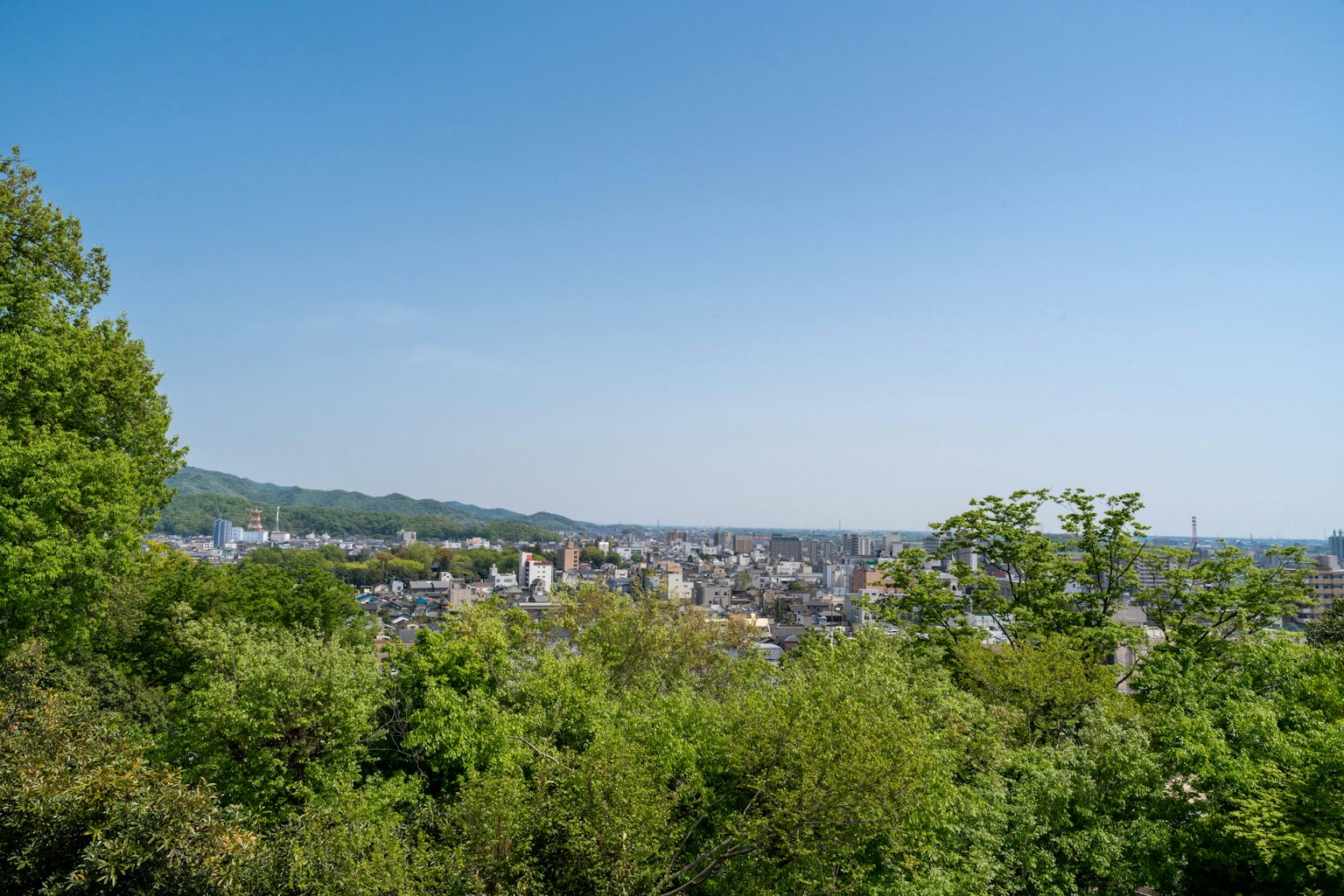 Paisaje verde con vista de la ciudad bajo un cielo azul