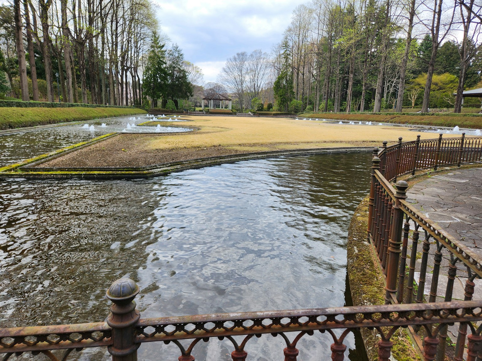 Taman tenang dengan kolam dan vegetasi subur