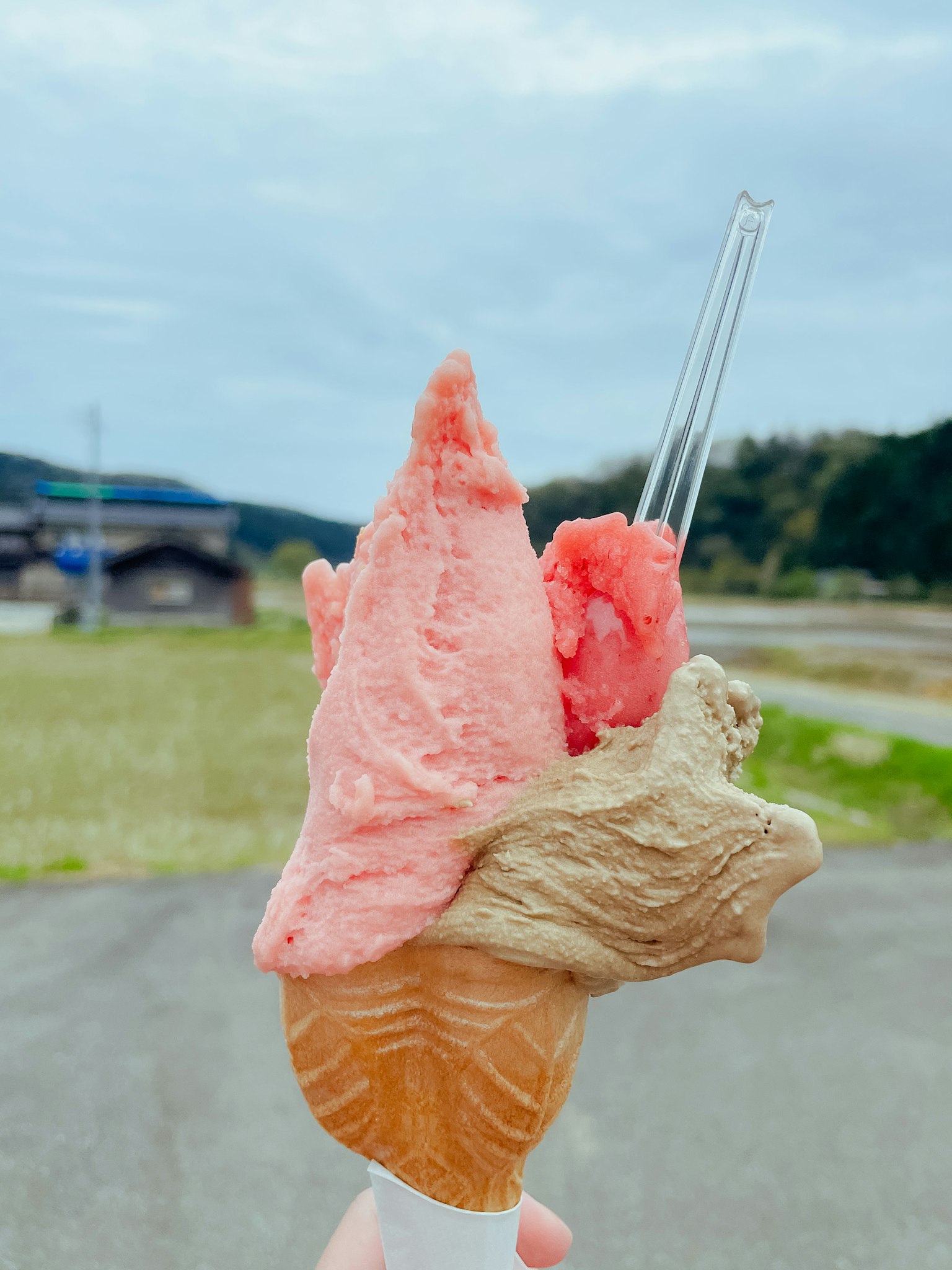 Rosa und braune Eiskugeln auf einer Waffel
