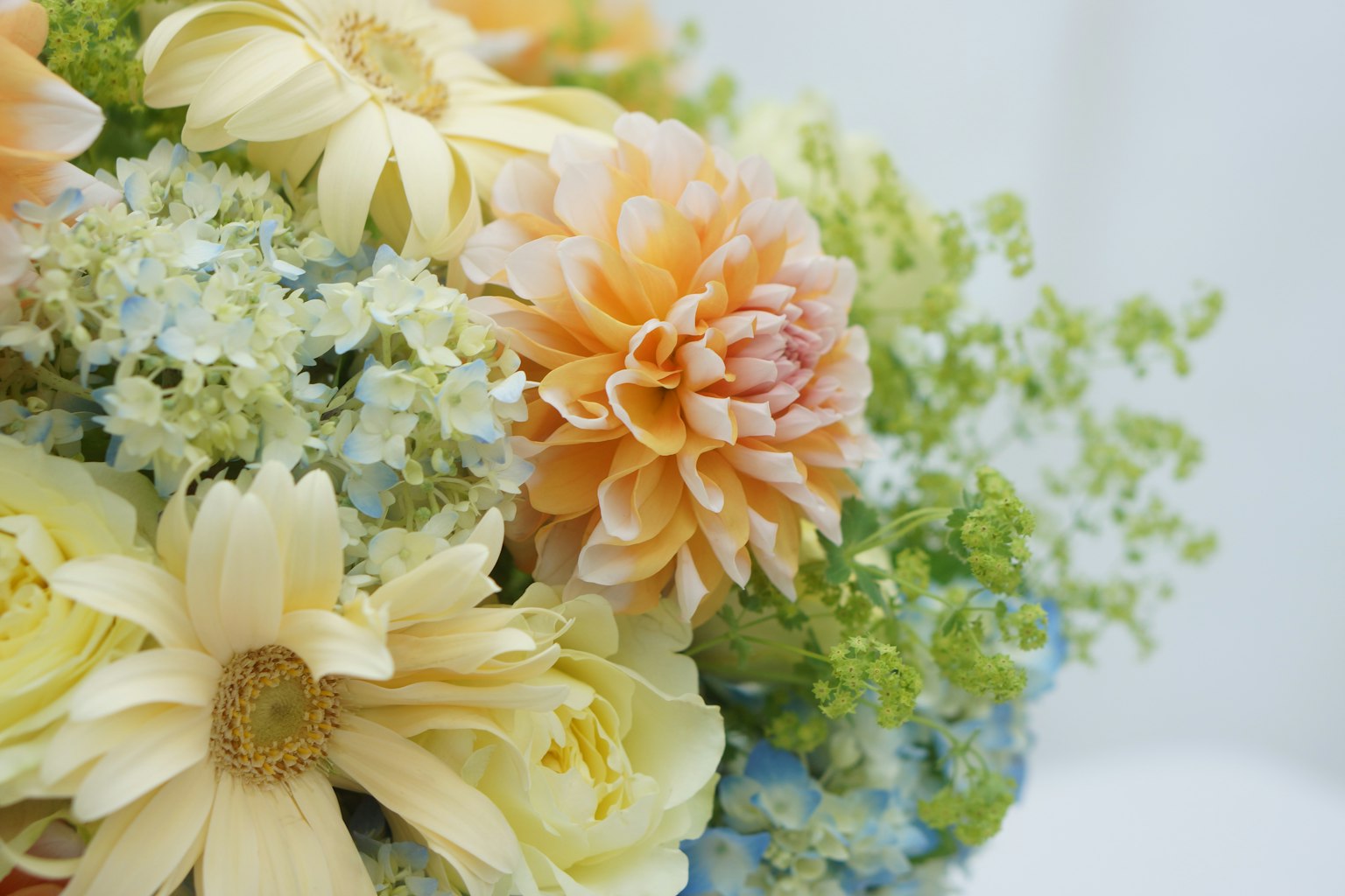 Ein Strauß bunter Blumen mit gelben, orangefarbenen und blauen Blüten