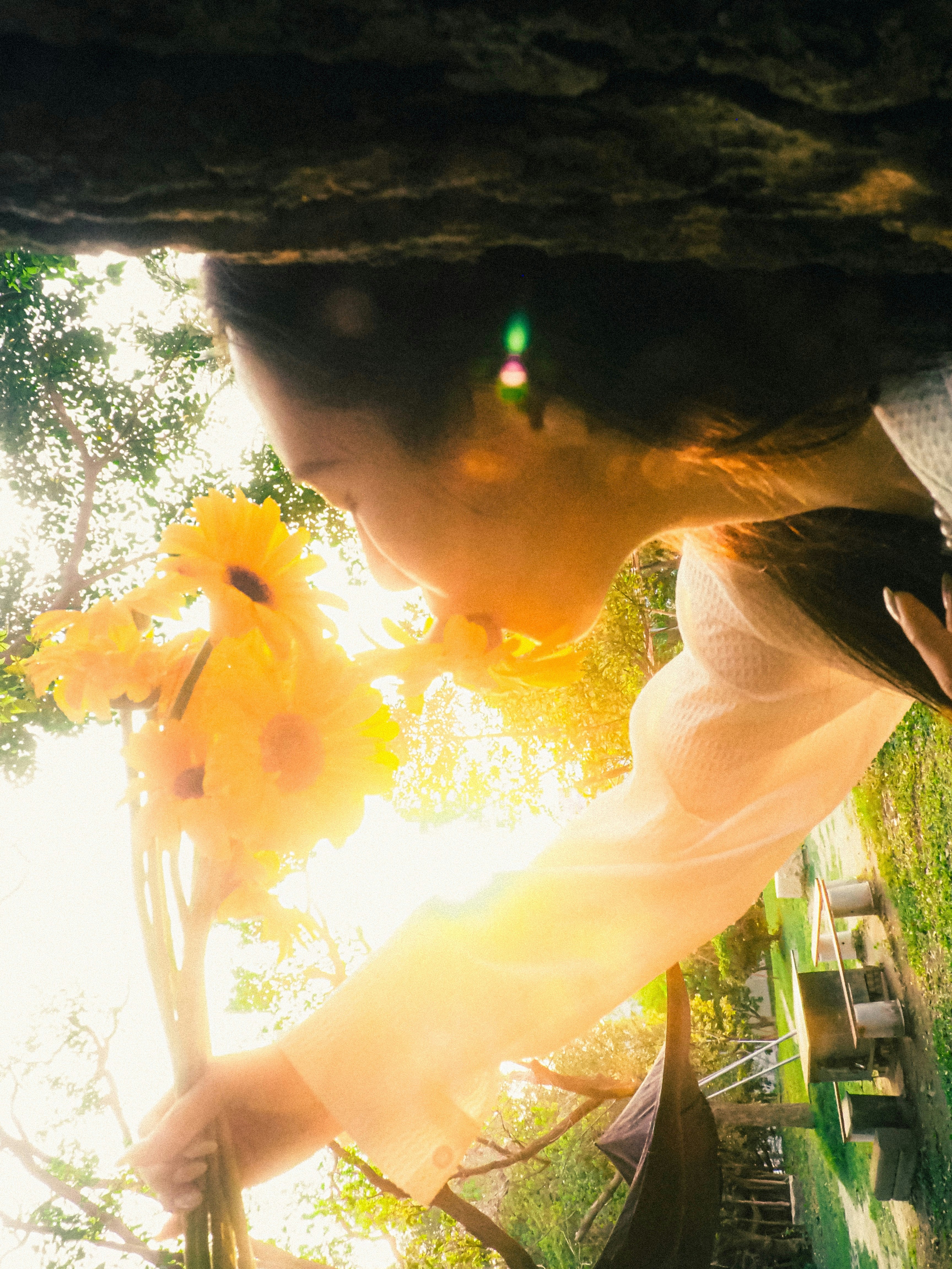 夕方の屋外で花を手にした人物のシルエット
