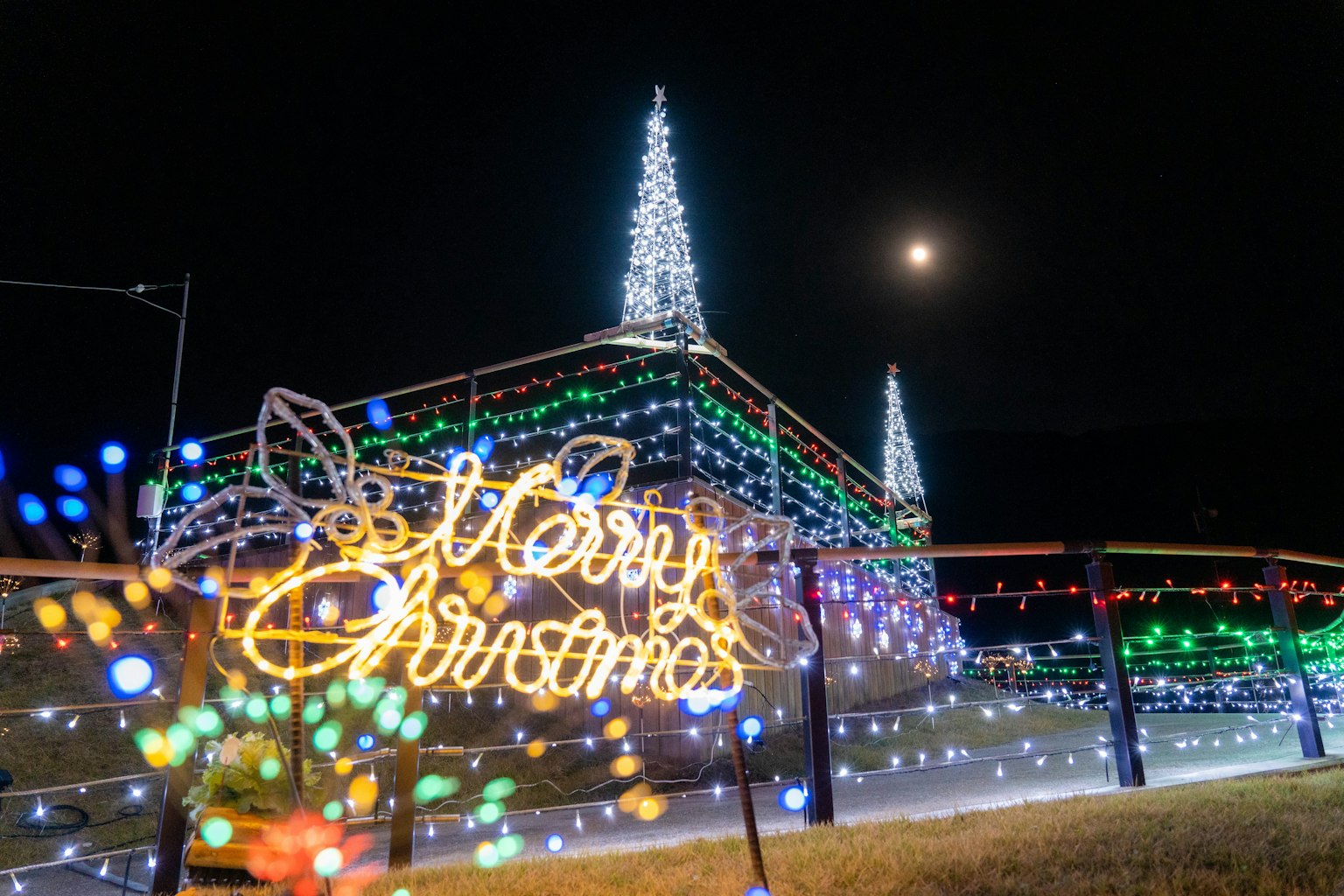 Christmas lights display with a festive 'Merry Christmas' sign and illuminated trees at night
