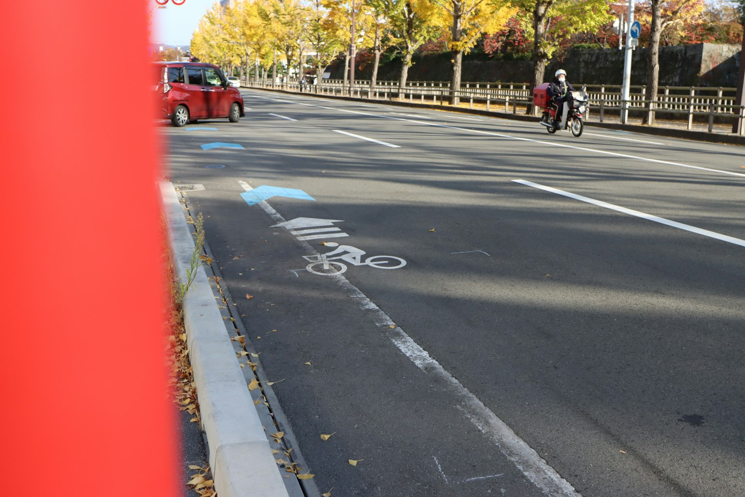 Street scene featuring a red car and a bicycle lane