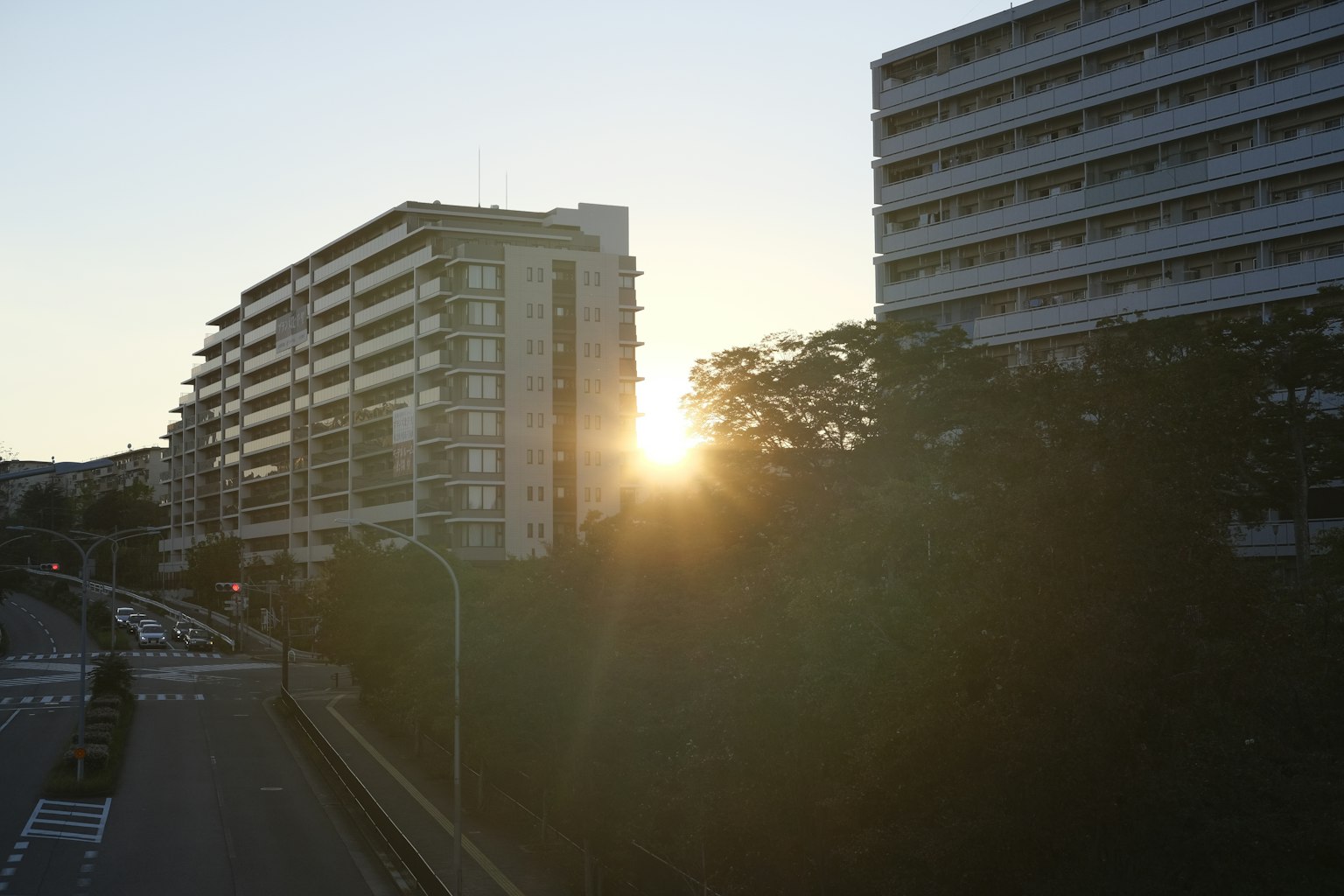 Stadtansicht bei Sonnenuntergang mit Gebäuden und Bäumen