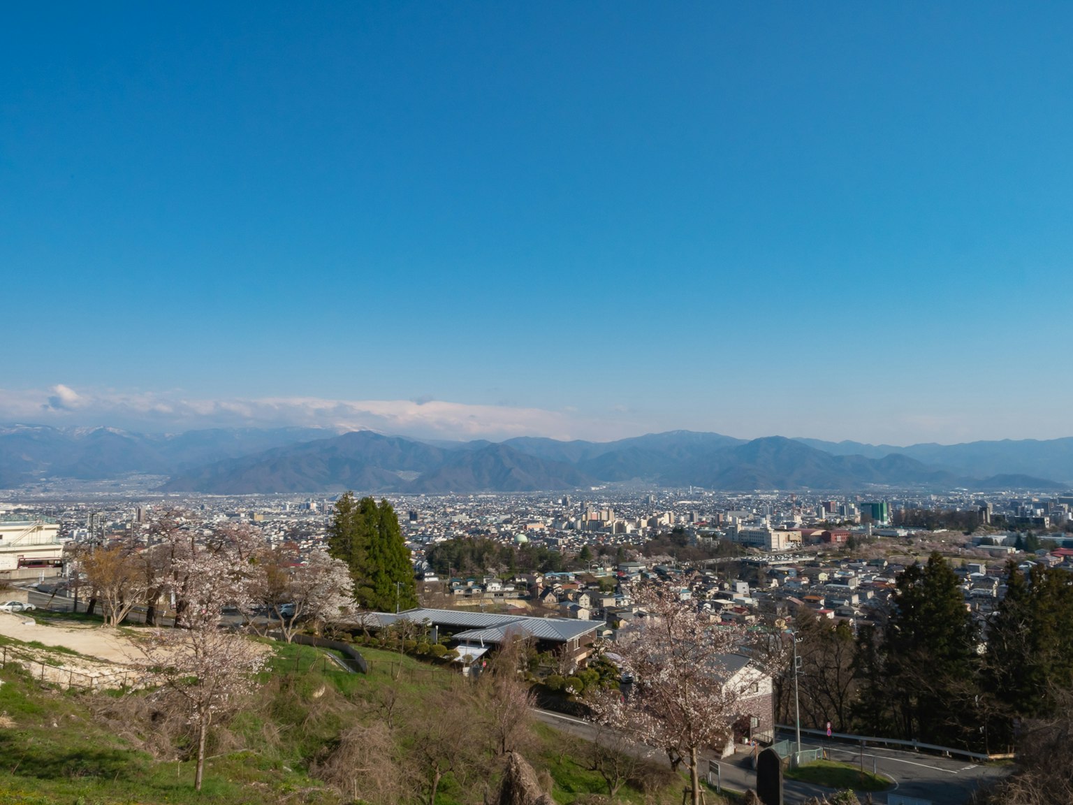 Vista panoramica della città di Shizuoka con montagne e cielo blu chiaro