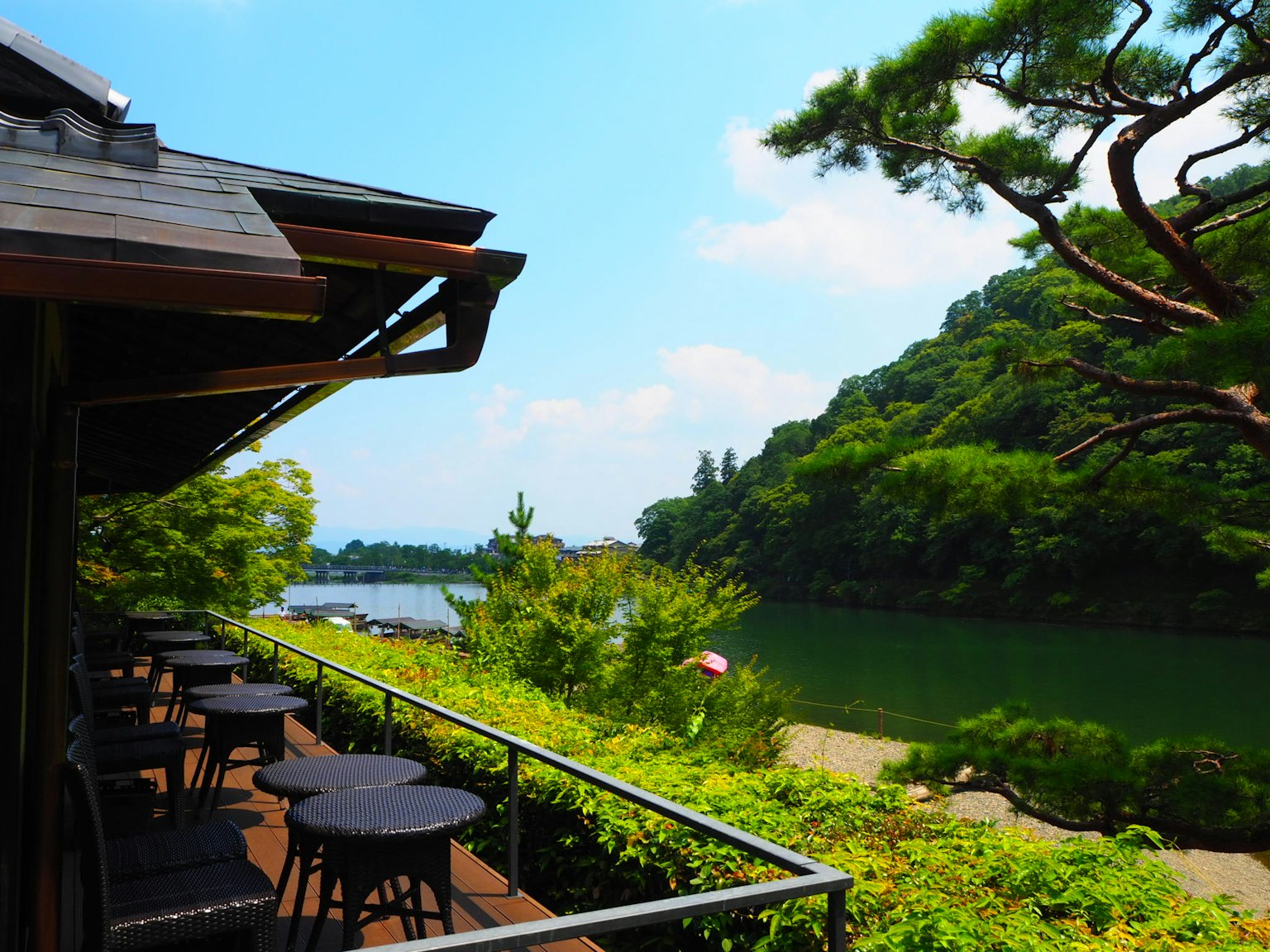 Scenic riverside view with lush green hills and a cafe terrace