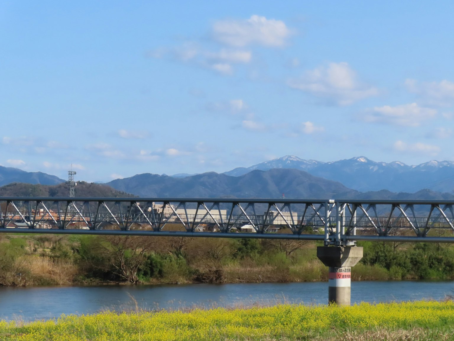 Pont en acier sur une rivière avec des montagnes et un ciel bleu en arrière-plan