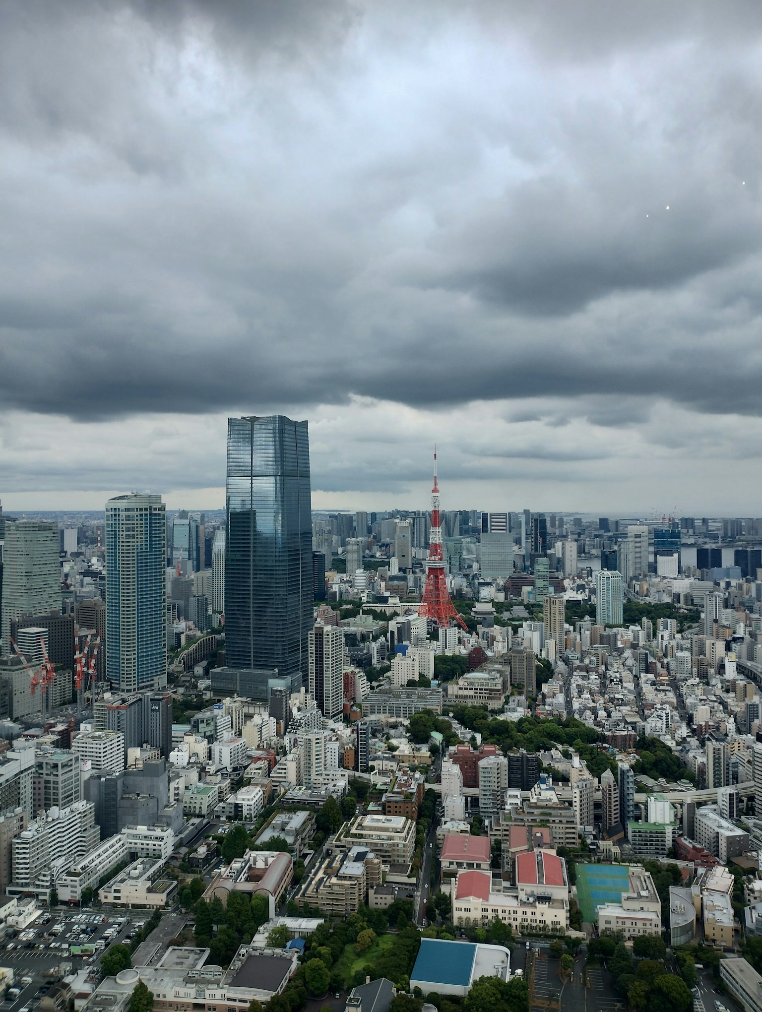 Paisaje urbano de Tokio con rascacielos y la Torre de Tokio bajo un cielo nublado