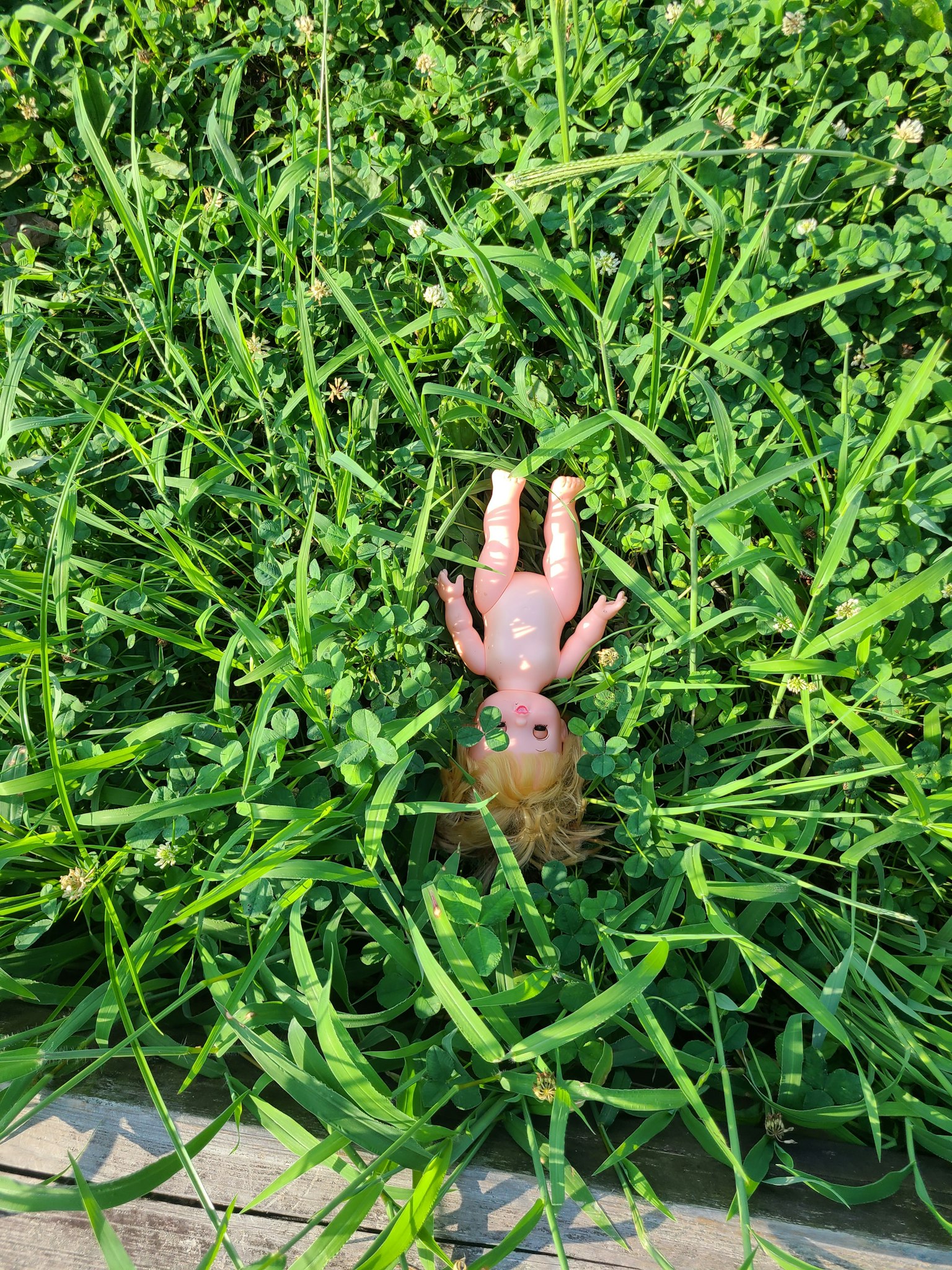 Una mano de muñeca visible entre la hierba verde exuberante