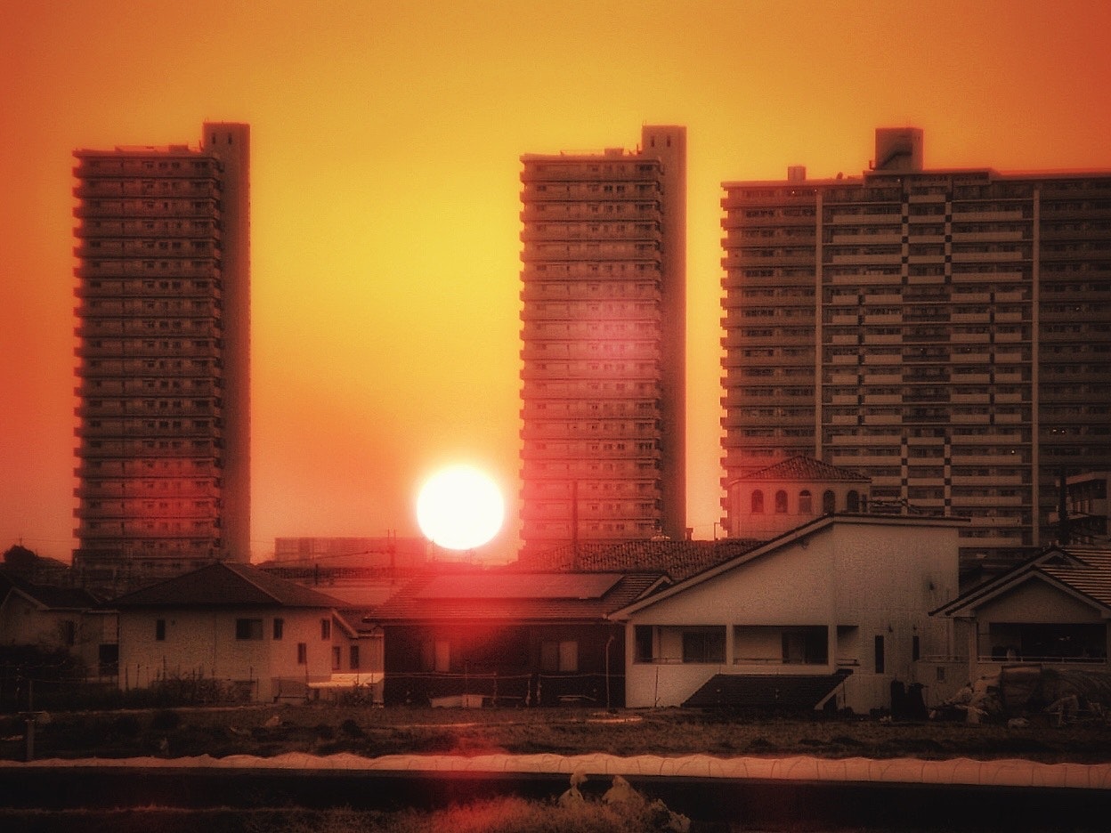 大阪の街並みに沈む夕日とタワービルのシルエット
