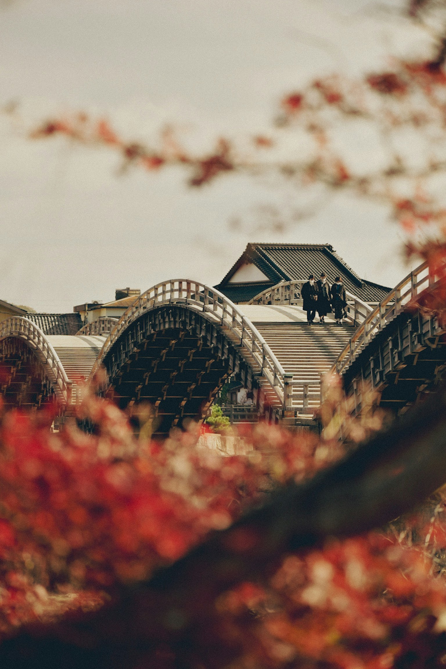 People standing on a beautiful bridge surrounded by autumn foliage