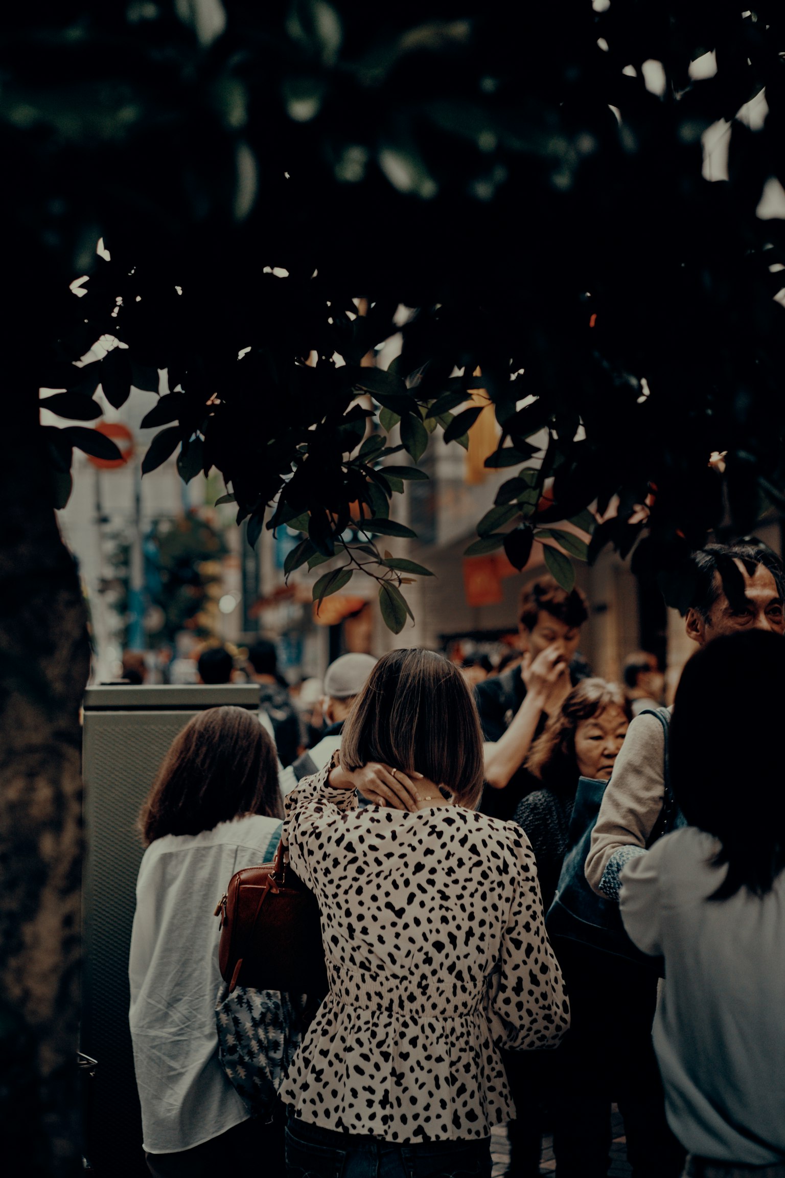 Crowd gathered at a street corner with green leaves in the foreground