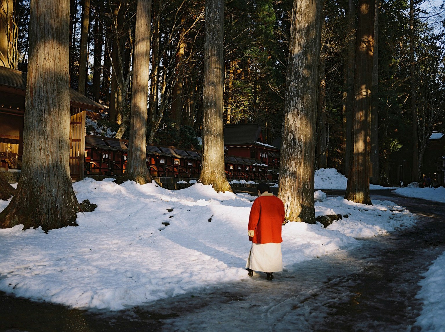 雪に覆われた道を歩く赤い服の人物と高い木々