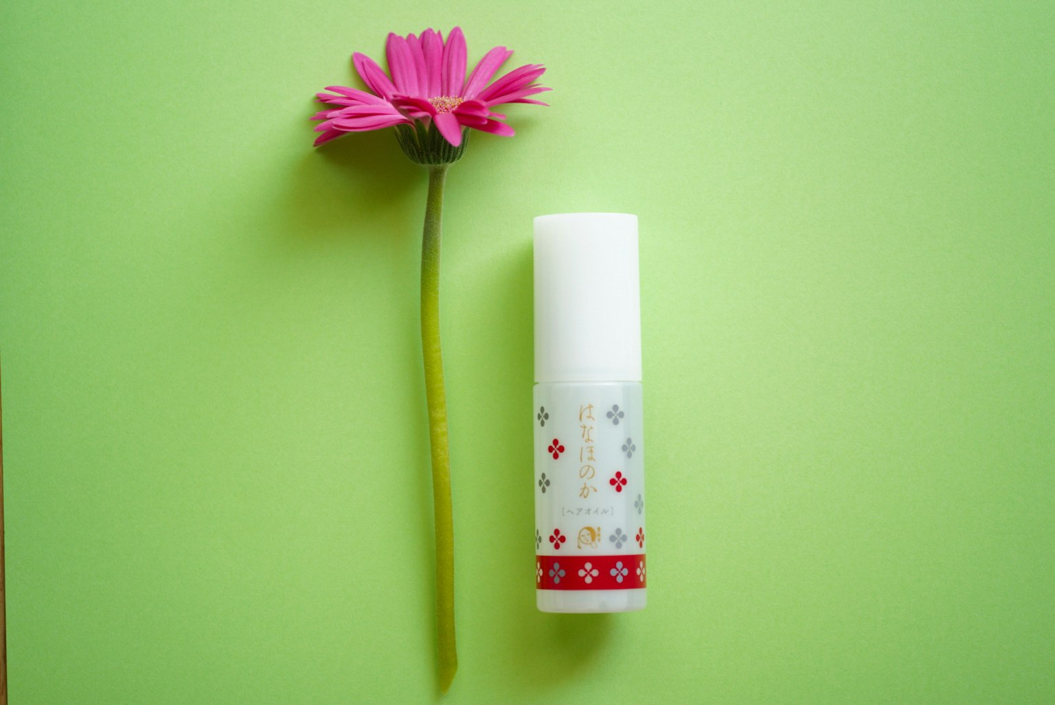 A pink flower and a white container on a green background