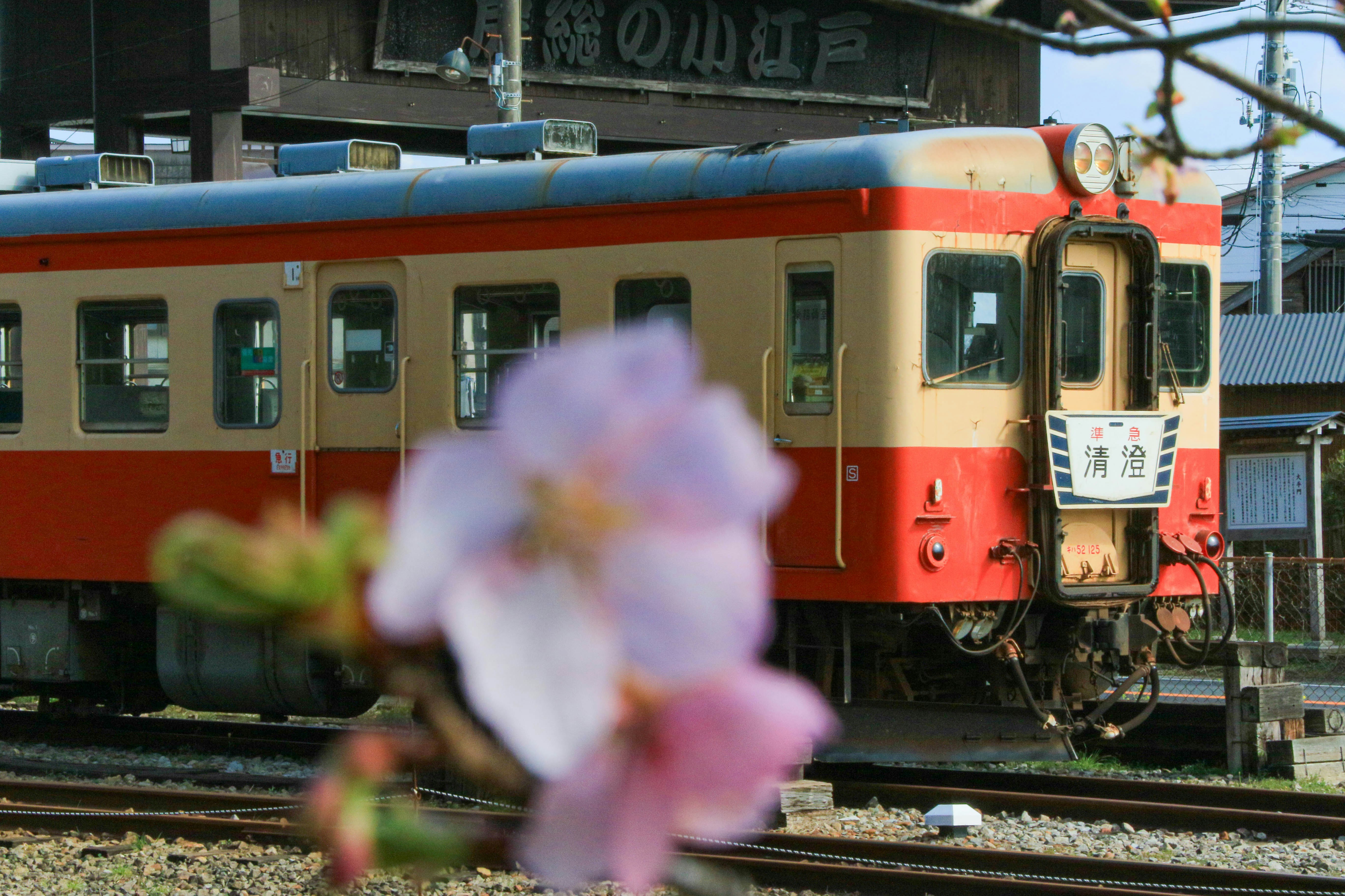 Roter und cremefarbener Zug auf Gleisen mit Bahnsteigszene