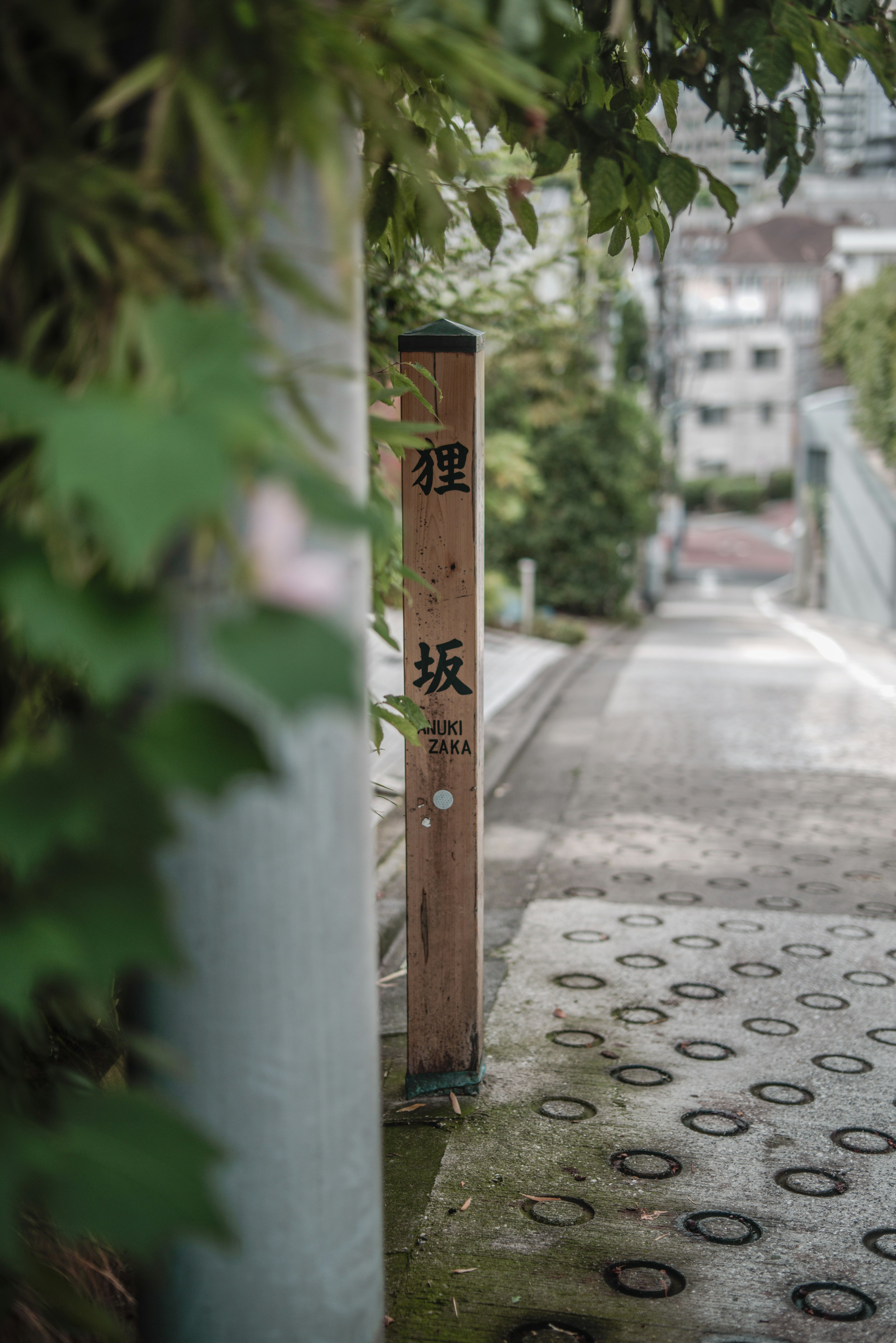 狸坂の坂道標識がある路地の風景