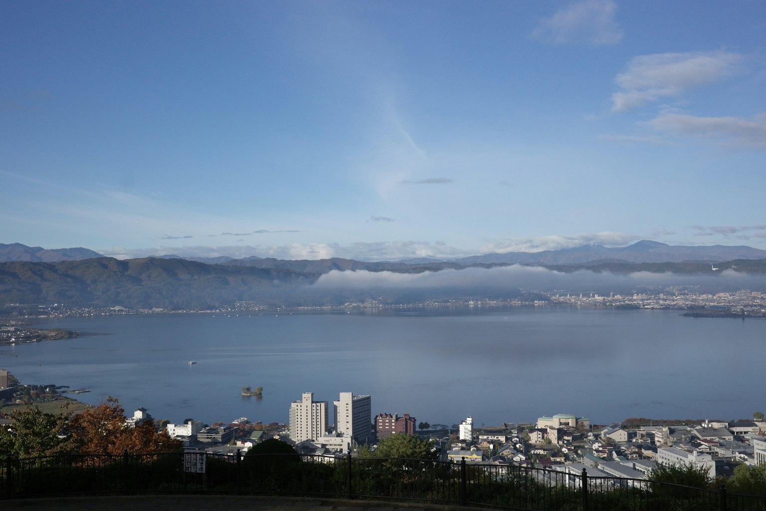 城市周围被美丽湖泊和蓝天环绕的全景