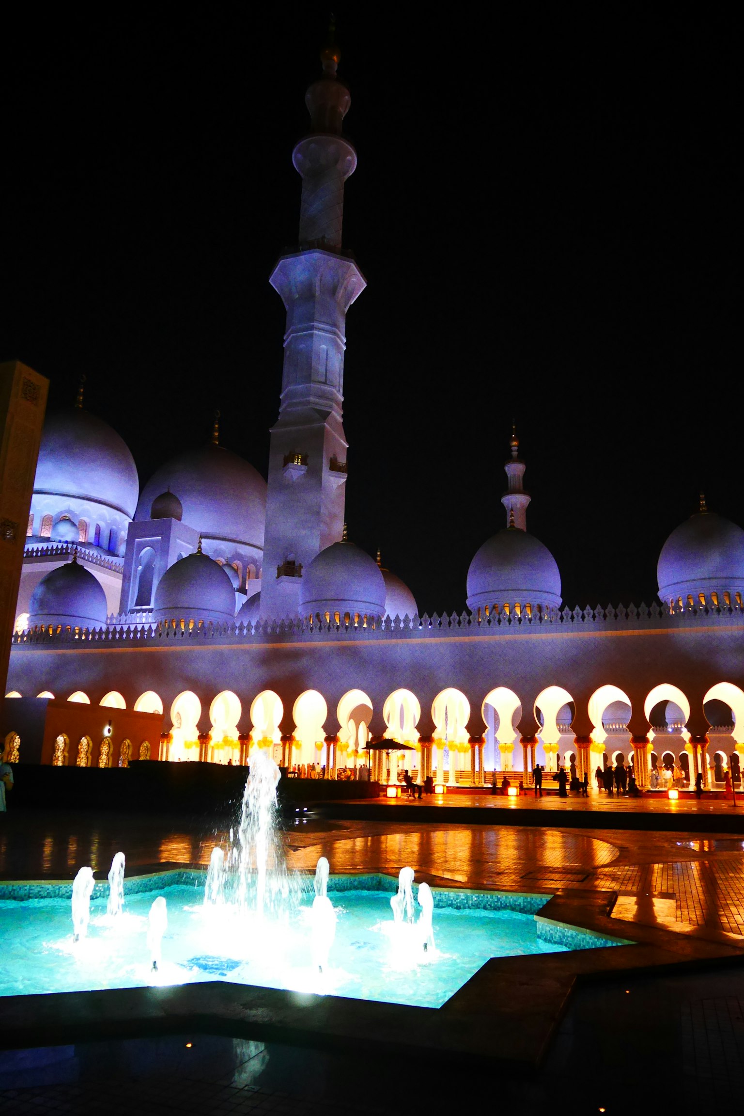 Vista mozzafiato della moschea Sheikh Zayed di notte con fontane illuminate