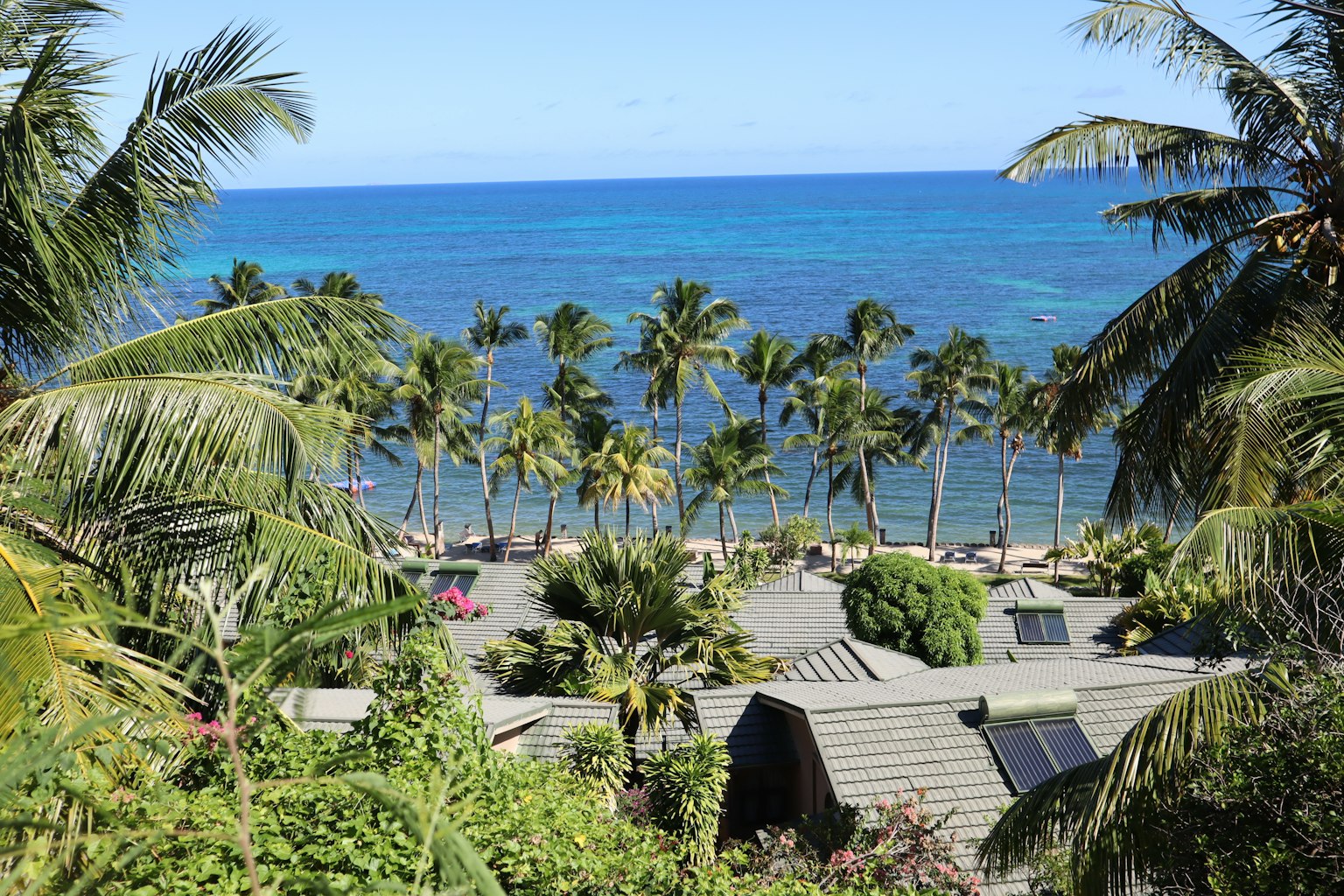Eine malerische Aussicht auf einen blauen Ozean mit Palmen am Strand und sichtbaren Resortdächern