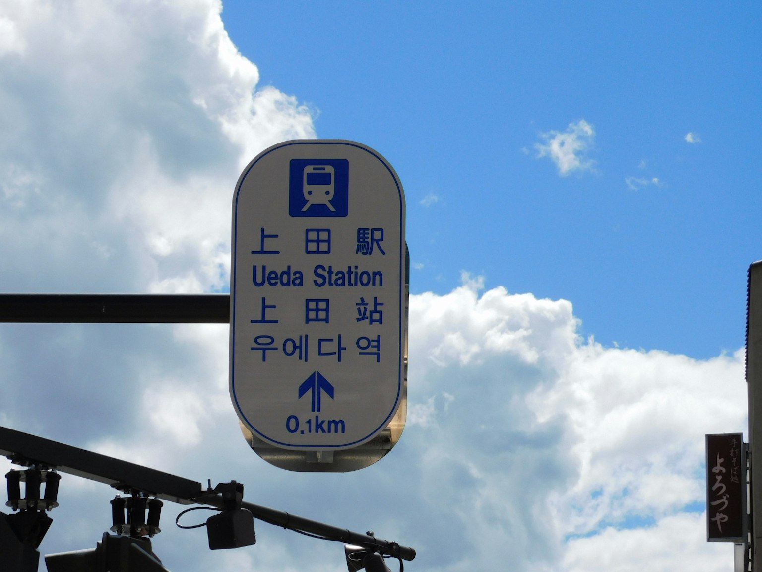 Biển chỉ dẫn ga Ueda với bầu trời xanh