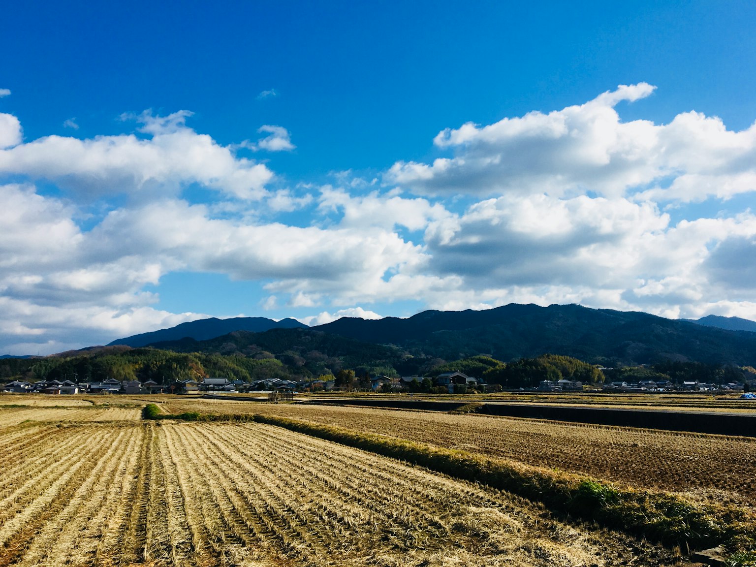 ทิวทัศน์ชนบทที่สวยงามมีท้องฟ้าสีฟ้าและเมฆขาวมีภูเขาและนาข้าว
