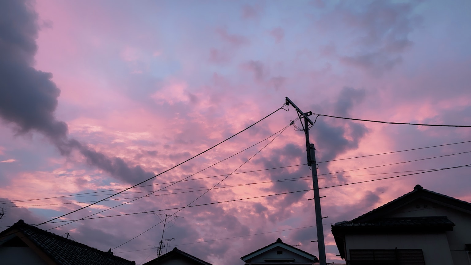Twilight sky with pink and purple clouds and a utility pole