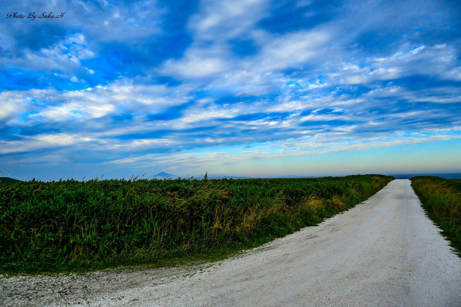 Un paesaggio con cielo blu e una strada bianca tortuosa