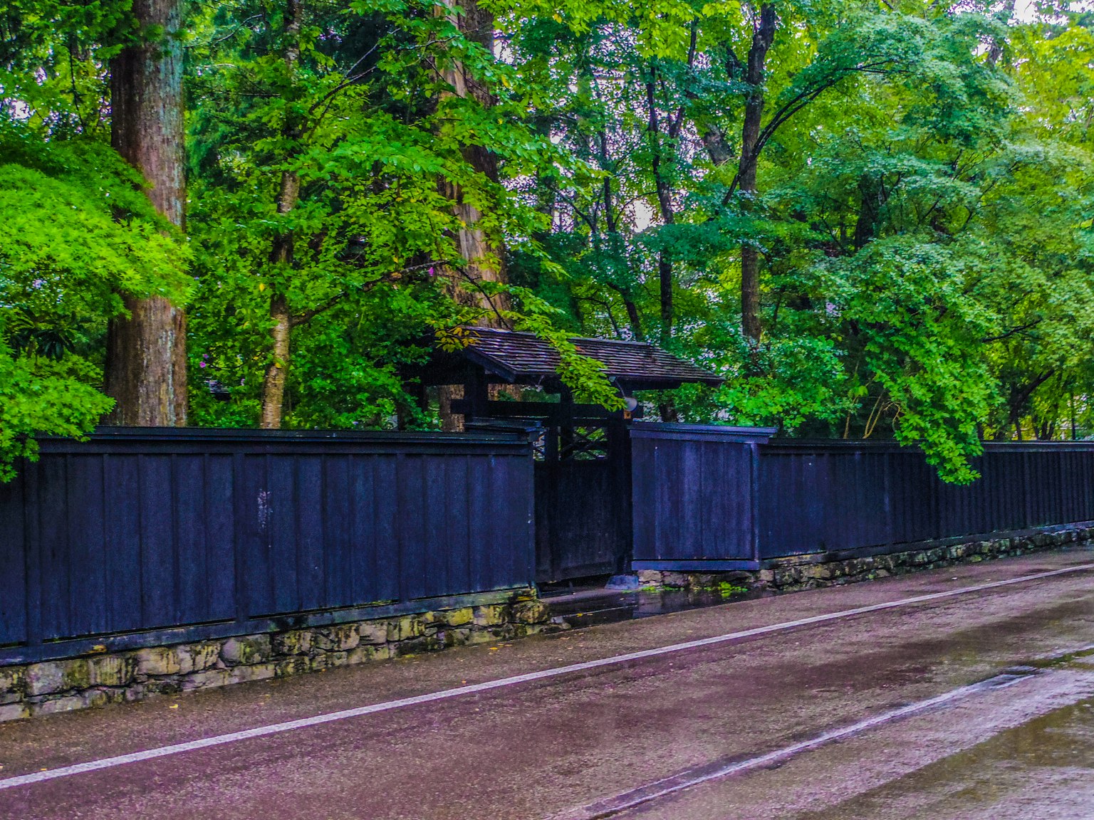 A serene scene featuring a black fence surrounded by lush greenery and a stone path