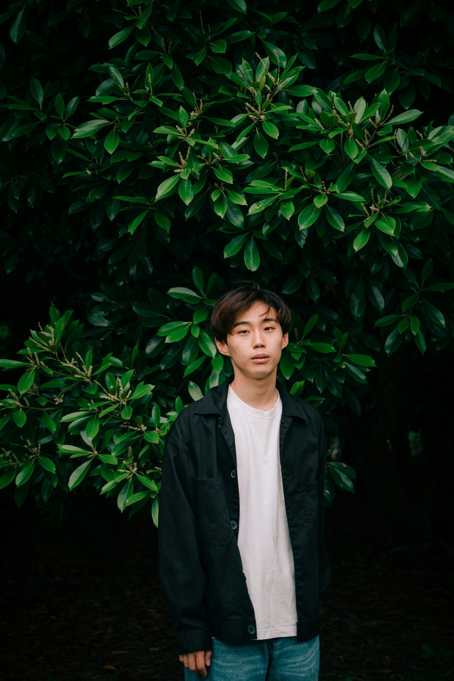 Retrato de un joven de pie frente a un fondo de hojas verdes