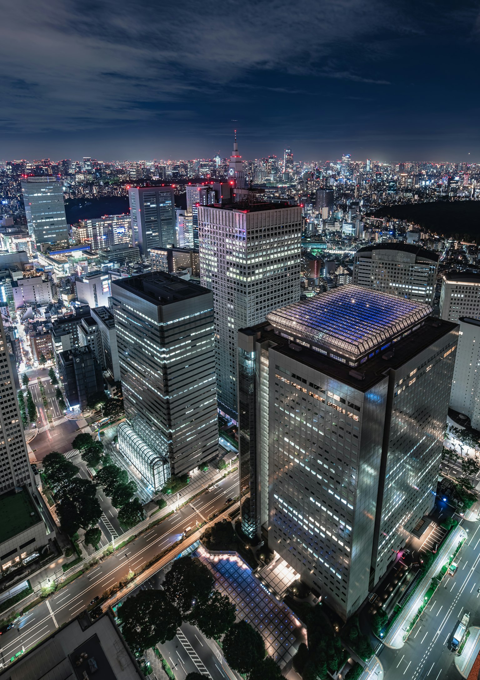 Vista nocturna de Tokio con rascacielos y calles iluminadas