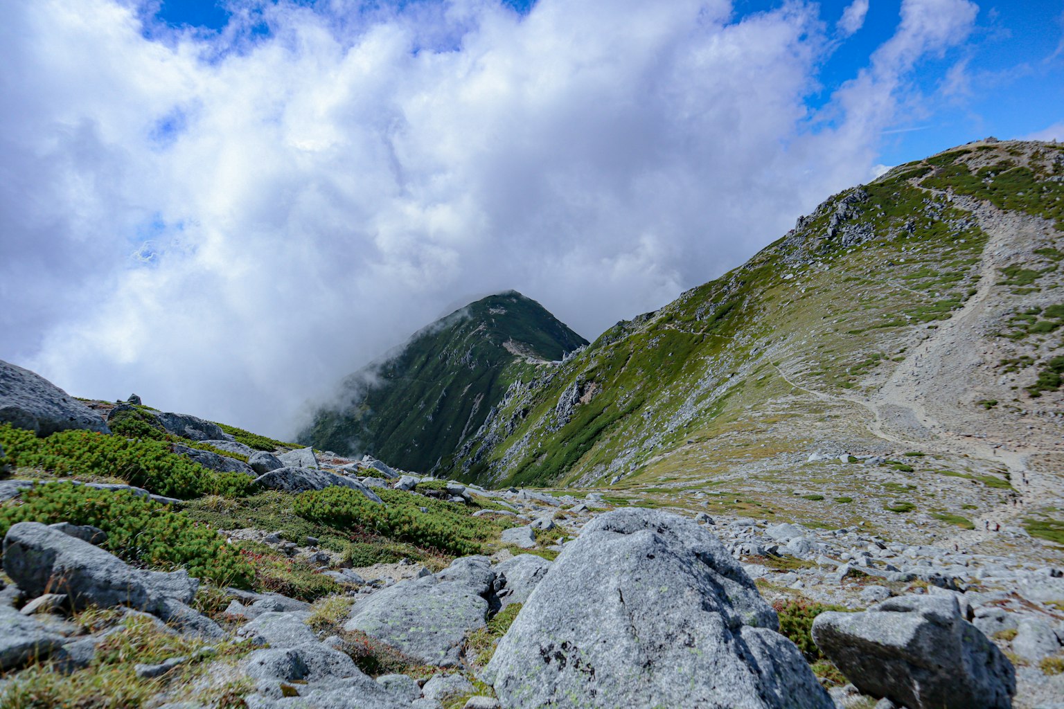 Paysage montagneux avec des nuages et un terrain rocheux
