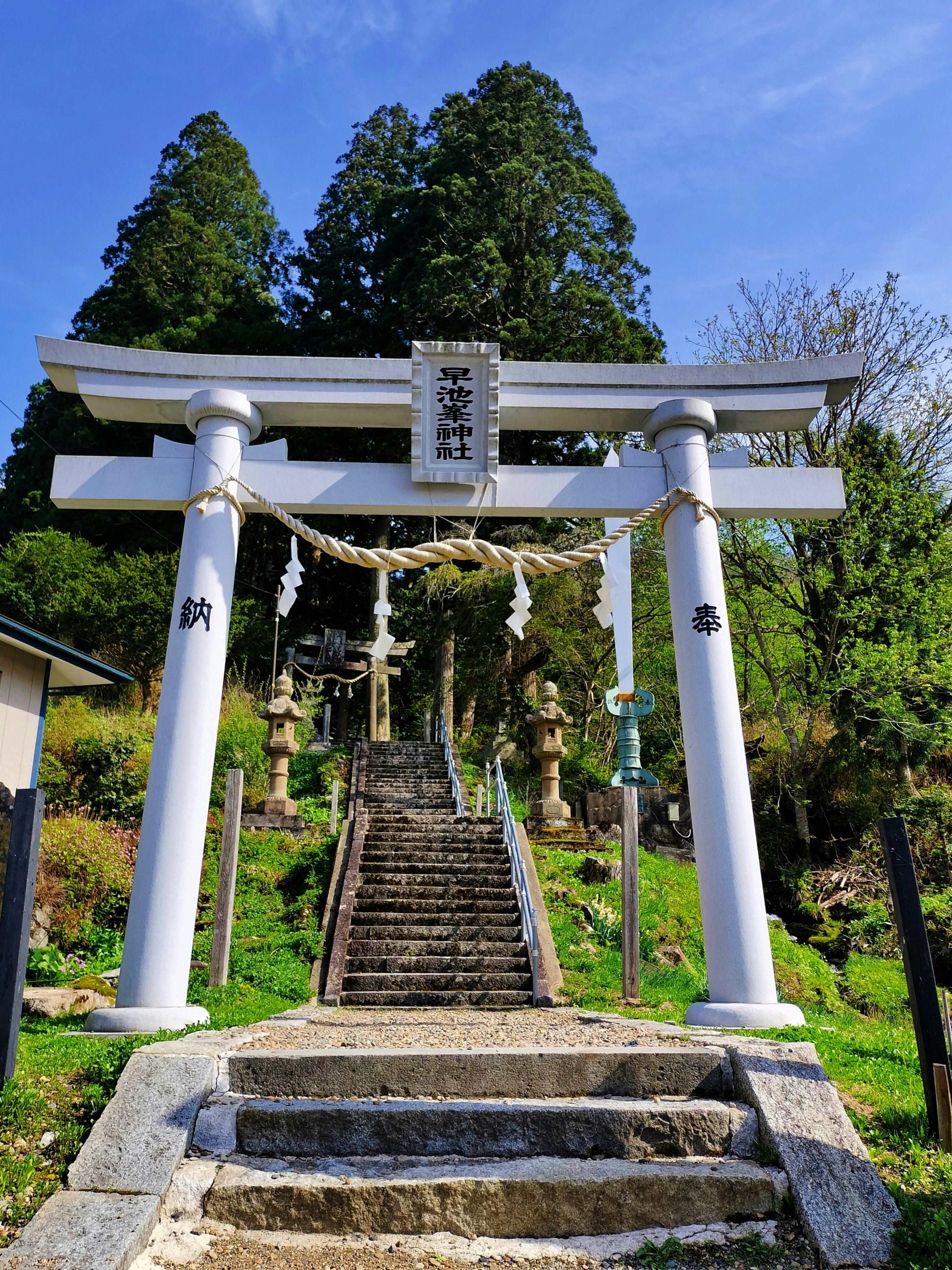 Allée du sanctuaire Hayachine avec marches en pierre et torii