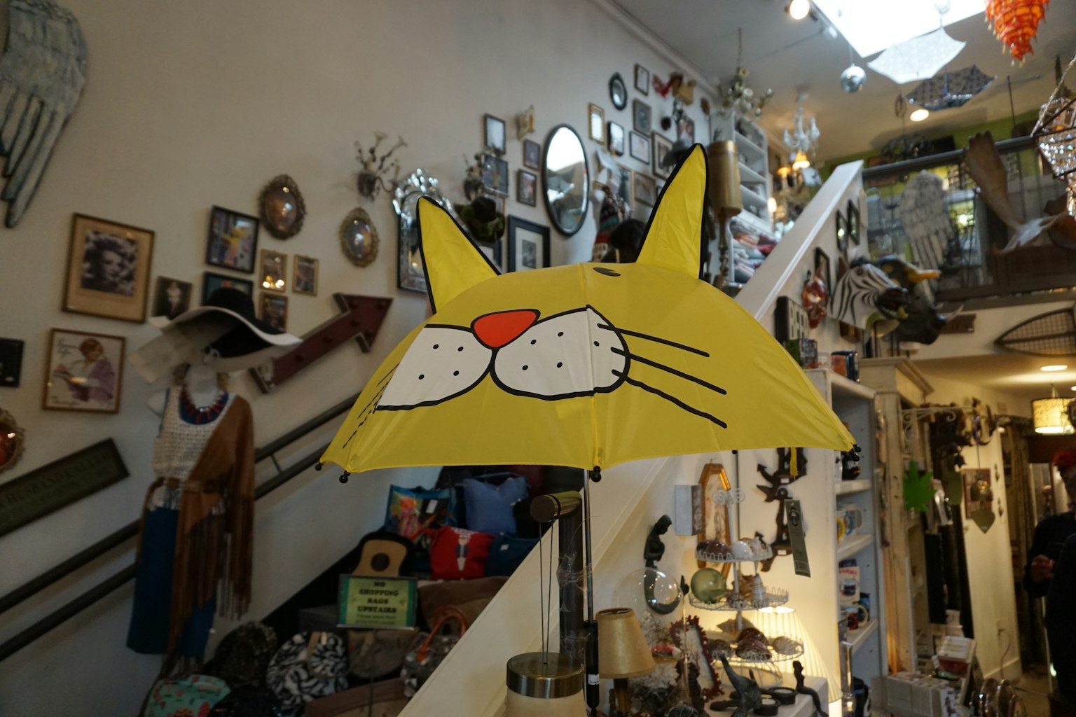 Scena interna unica con un ombrello a forma di faccia di gatto appeso a una scala
