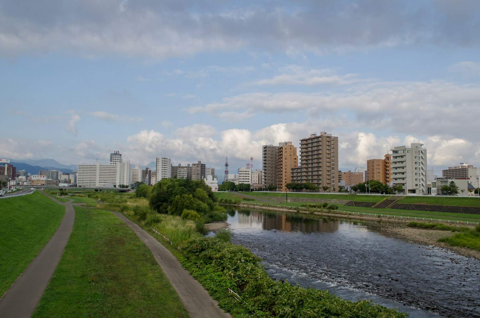 Urban river landscape with skyscrapers