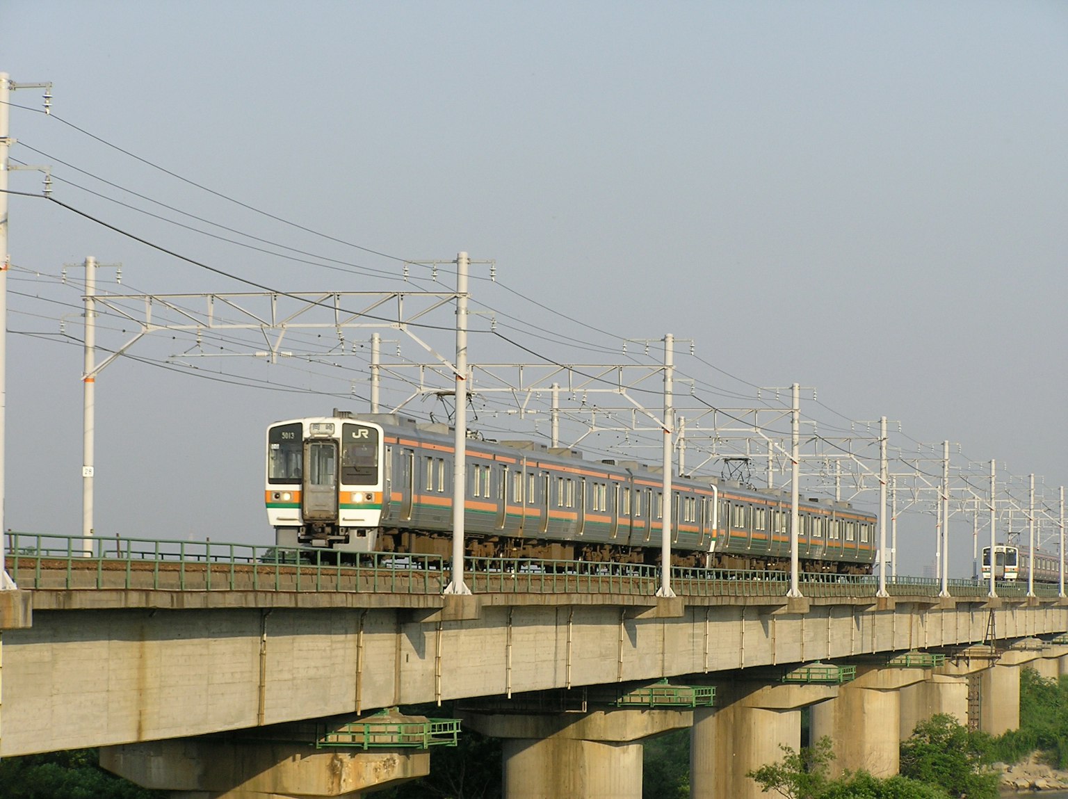 Train traveling on an elevated railway bridge