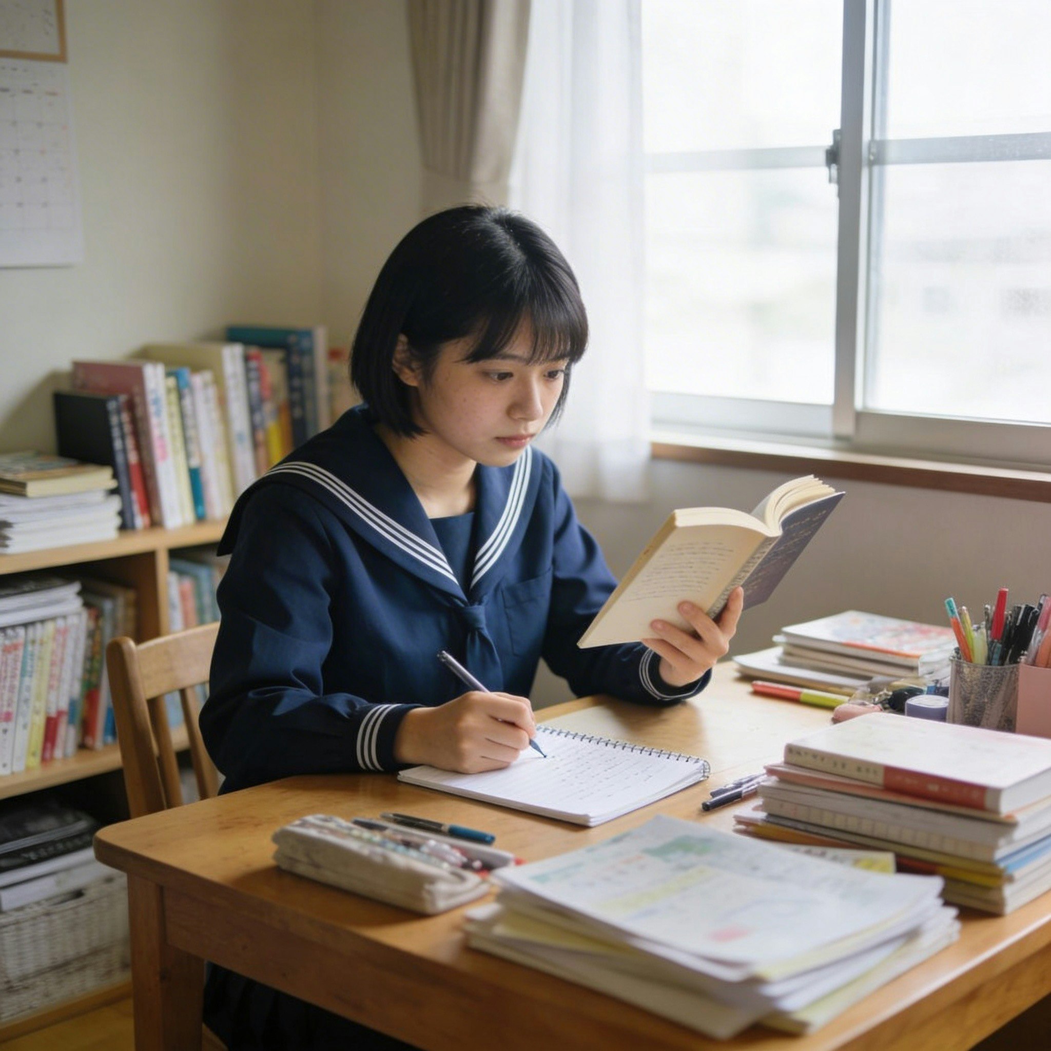 A child studying at a desk in a home room, writing in a notebook