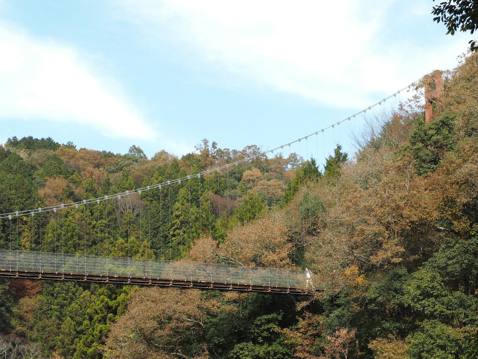 Suspension bridge spanning between autumn-colored mountains