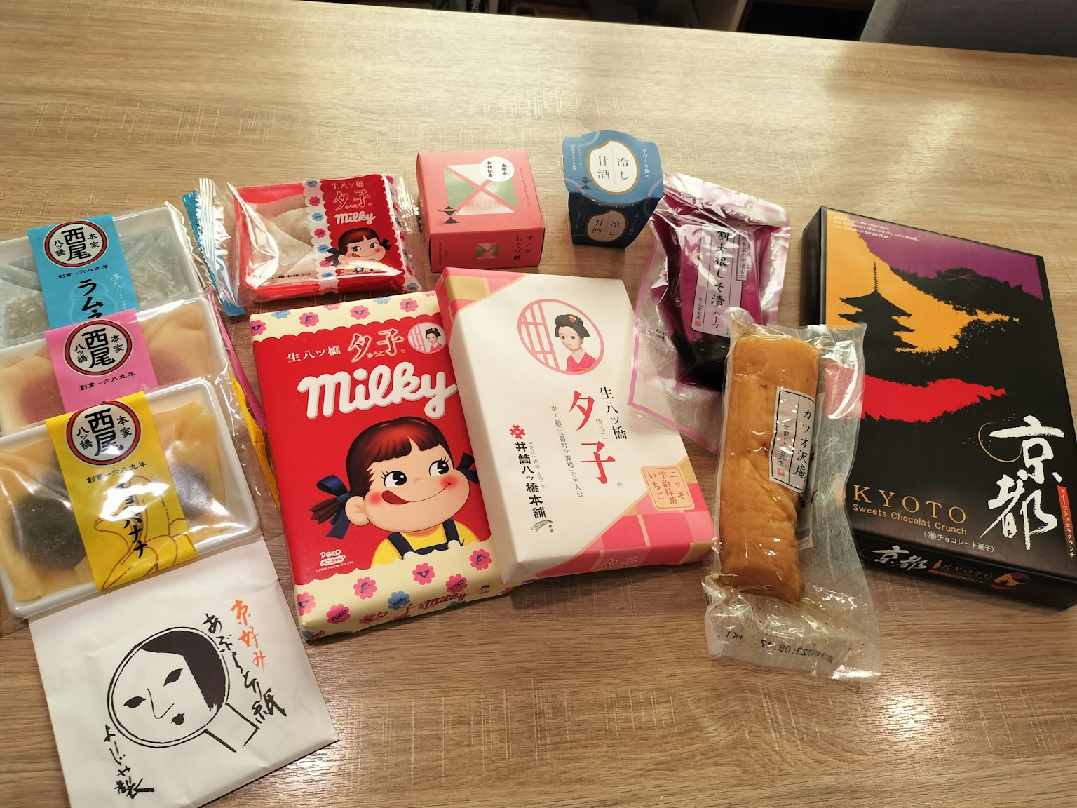 木桌上展示的色彩繽紛的日本甜點和紀念品