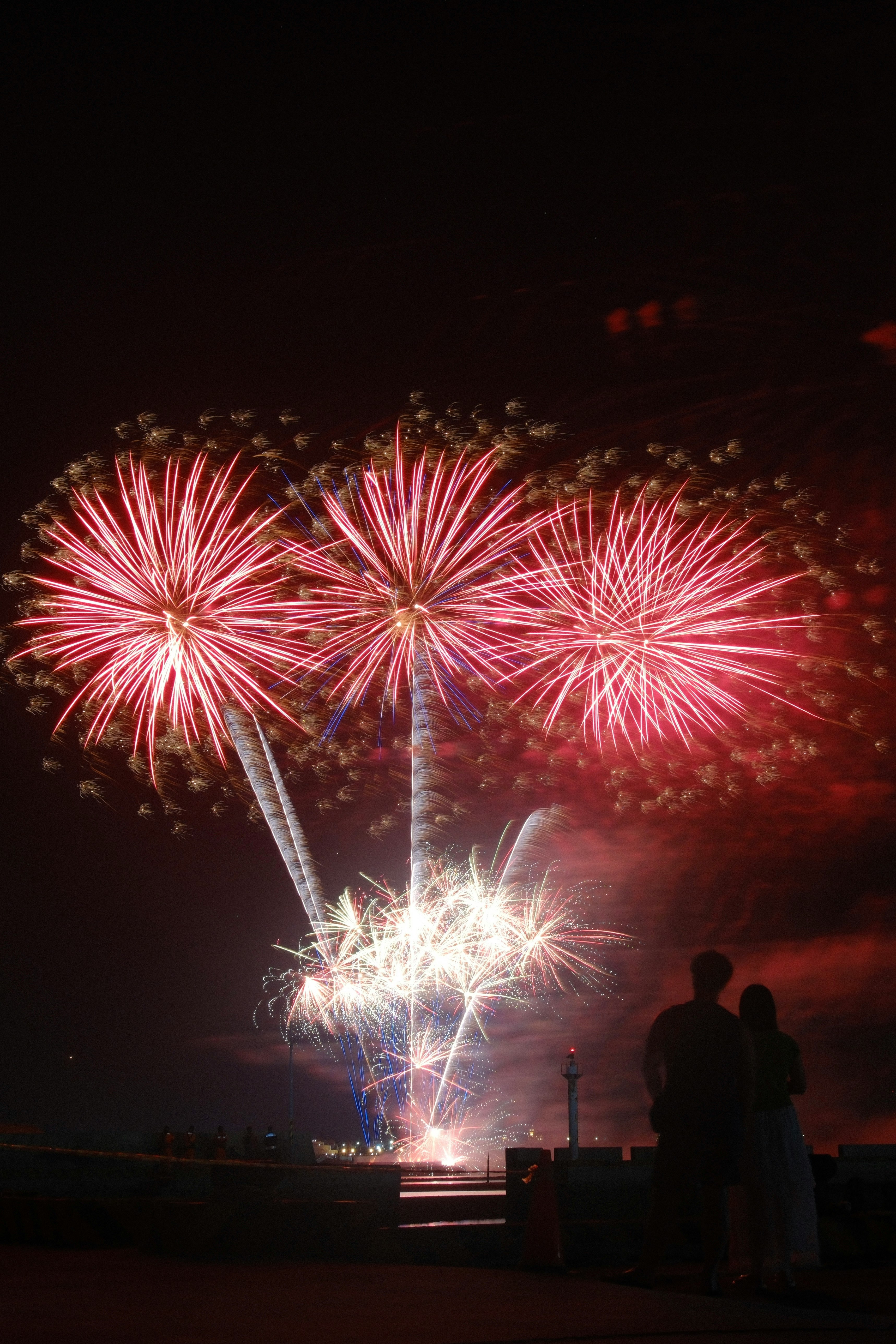 夜空に咲く花火と人影のある海辺の花火大会