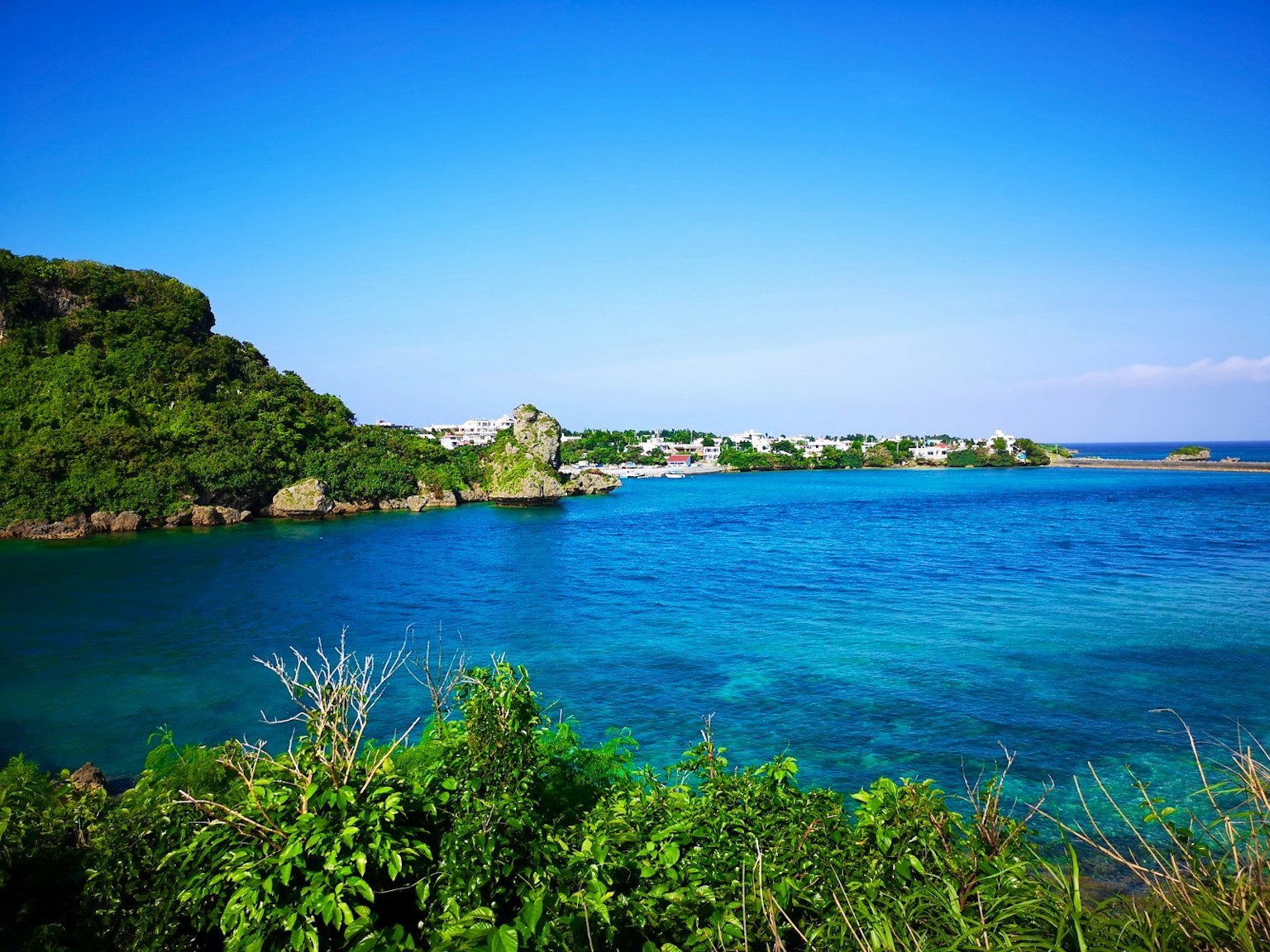 Malersiche Aussicht auf ein blaues Meer umgeben von üppigem Grün