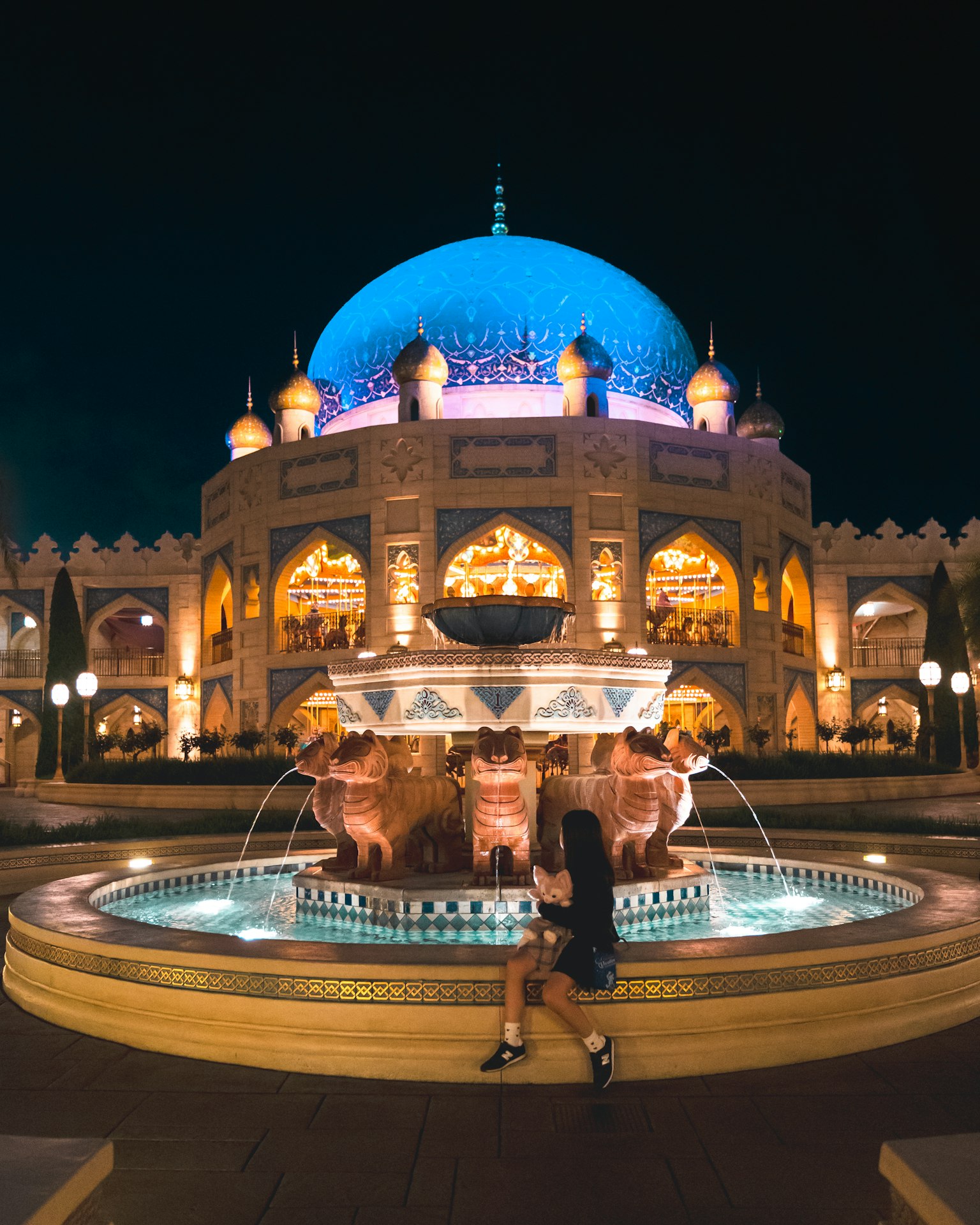 Una bella fontana e un edificio a forma di cupola di notte