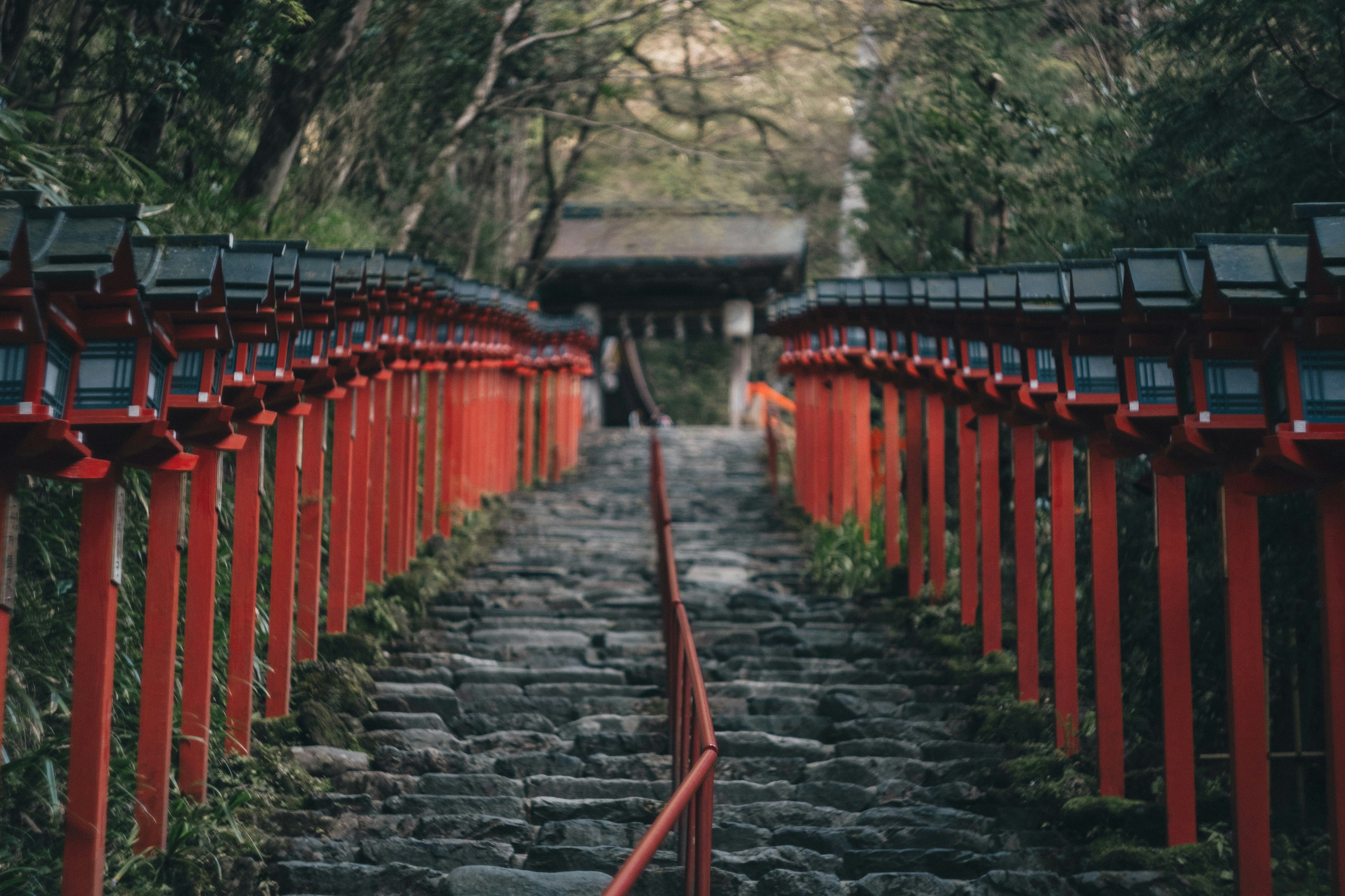 朱红色鸟居排列的石阶参道