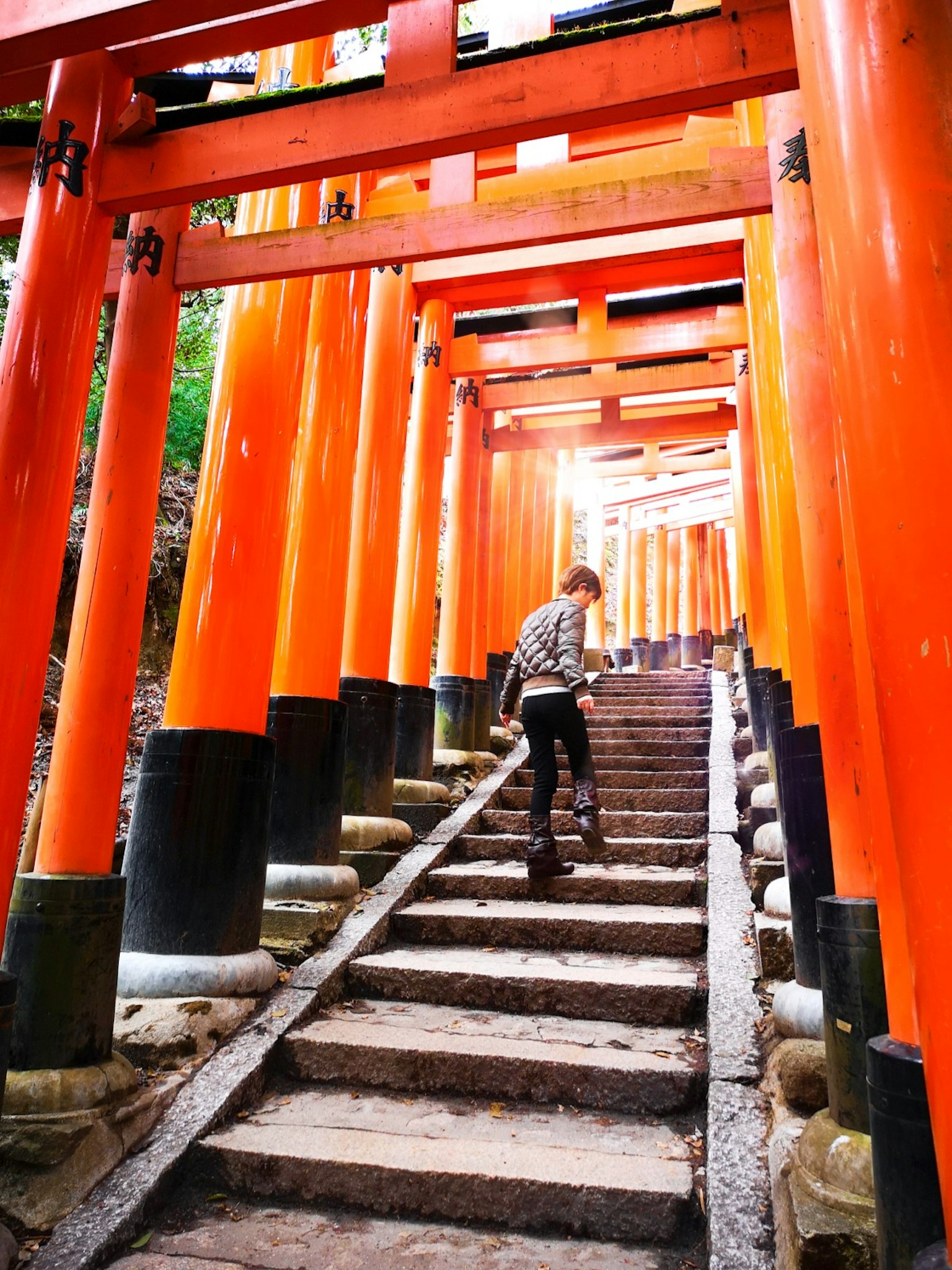 Person walking up stone steps surrounded by orange torii gates