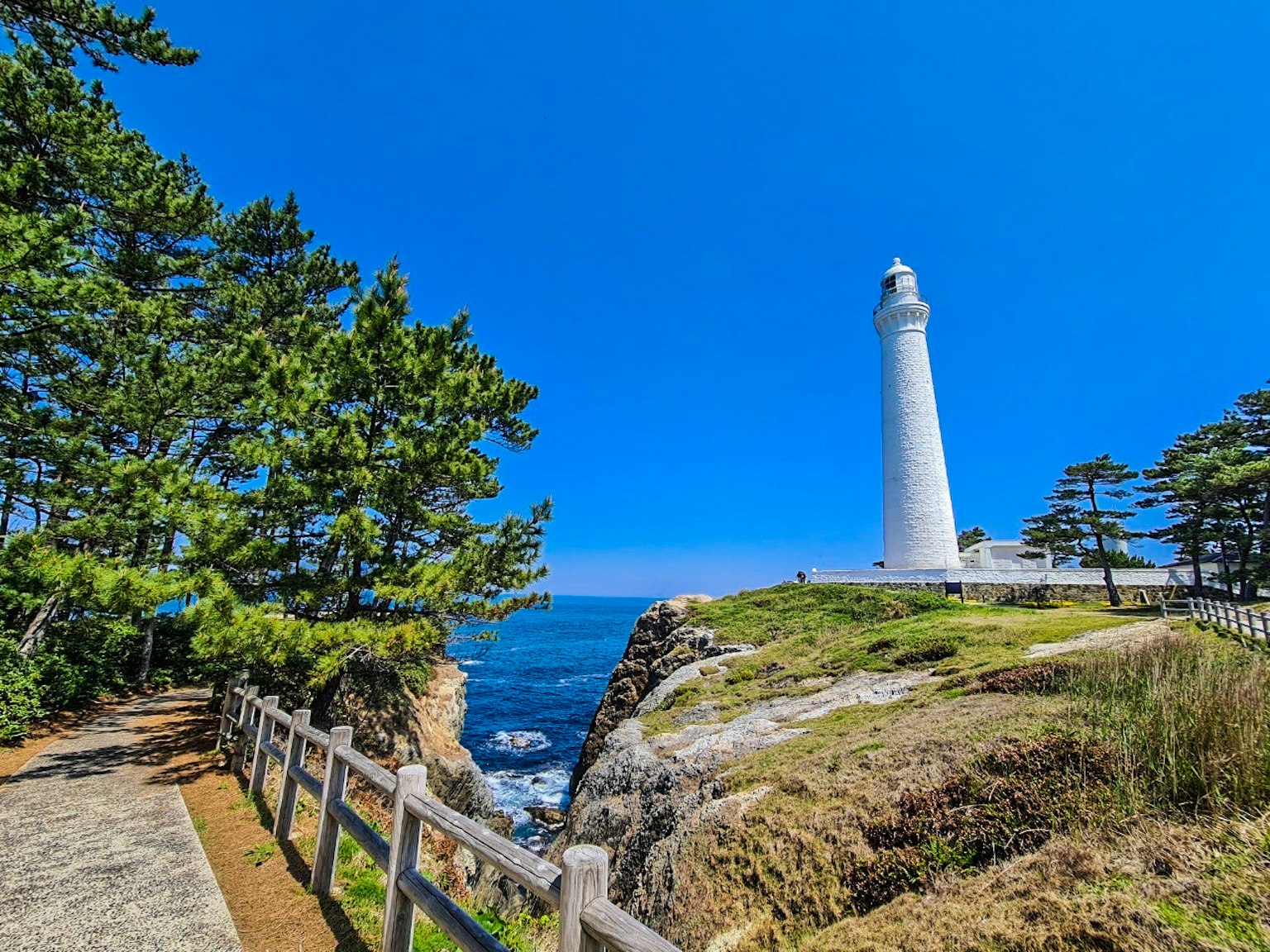 Weißer Leuchtturm am Meer unter einem blauen Himmel umgeben von grünen Bäumen und einem Weg