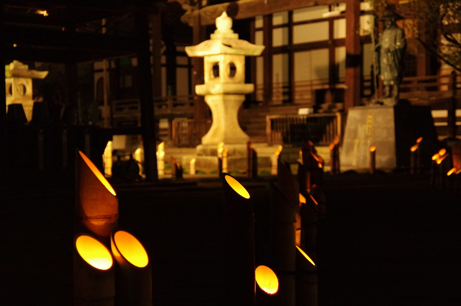 夜晚神社的照明灯笼和石灯笼的景观