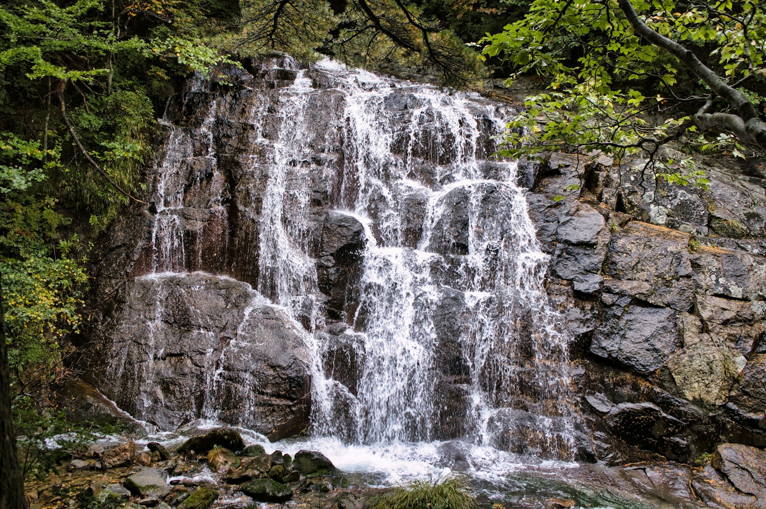 A beautiful waterfall cascading over rocks surrounded by greenery