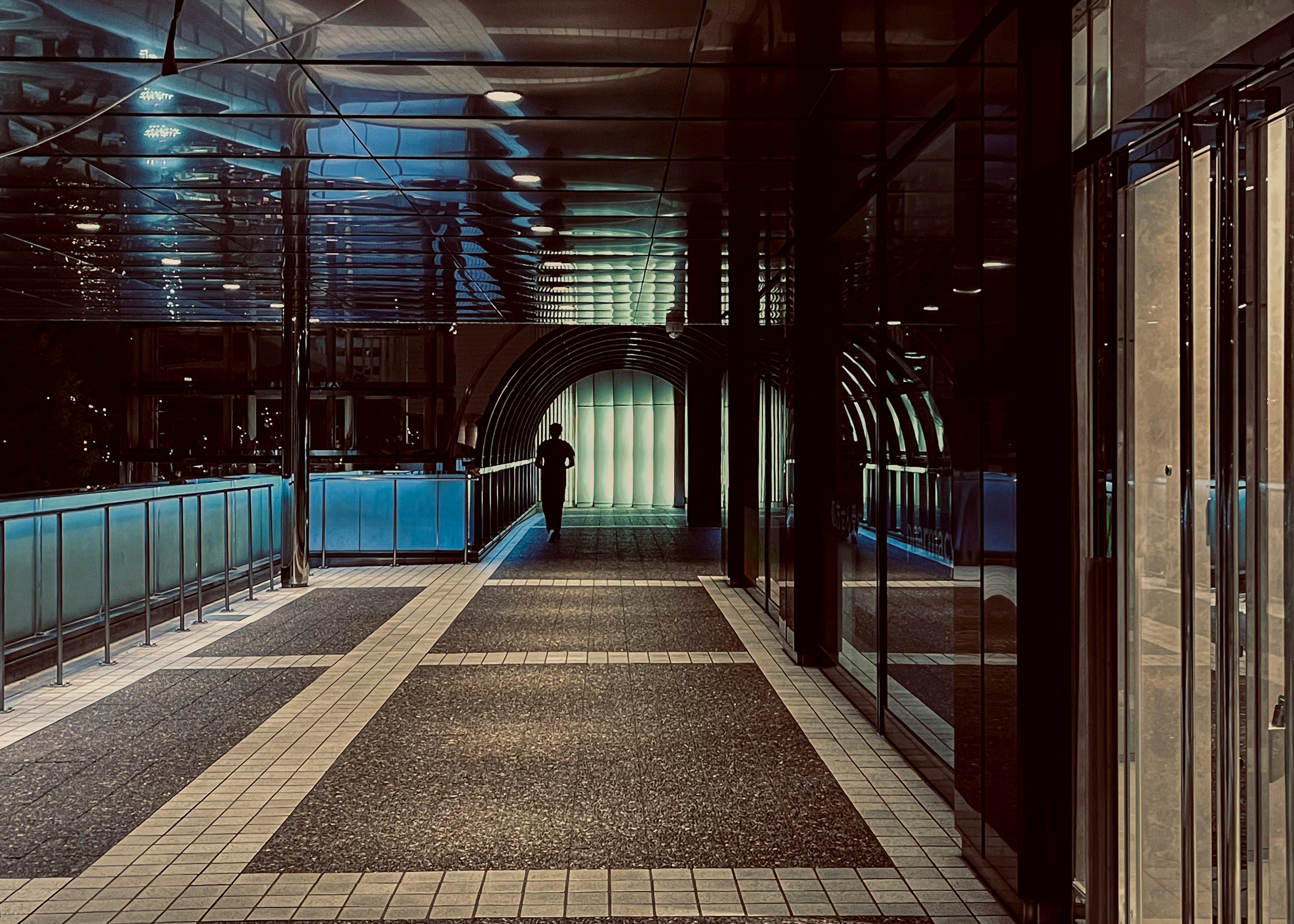 glowing arcade corridor at night